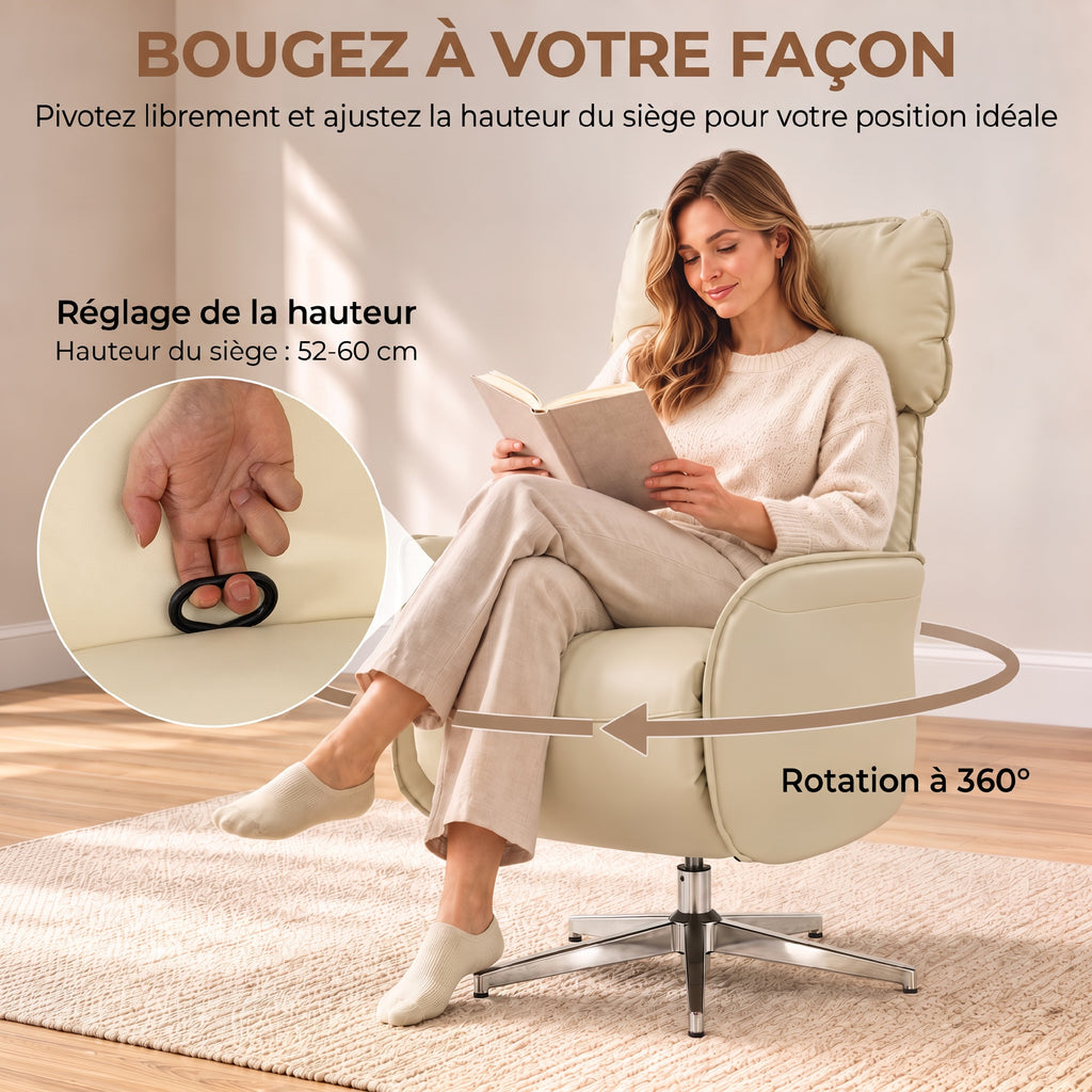 Fauteuil Relax Électrique Pivotant Massant et Chauffant Fauteuil Inclinable en PU Hauteur Réglable Double Moteur Crème-5