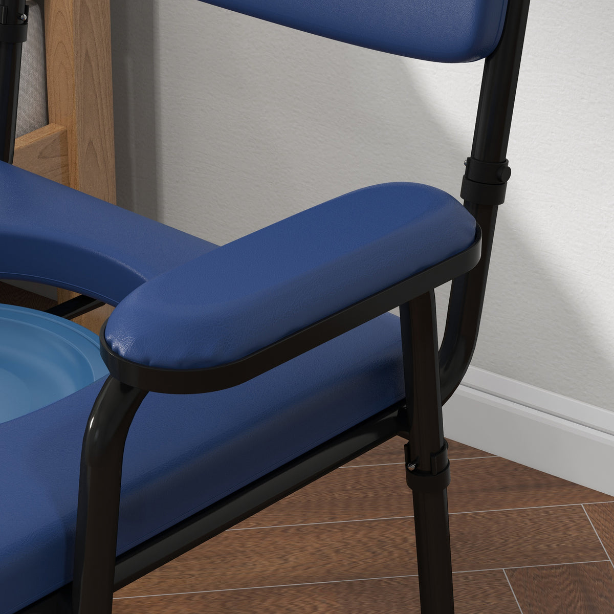 Chaise percée toilette multifonctions seau amovible hauteur réglable avec dossier siège et accoudoirs rembourrés bleu-8
