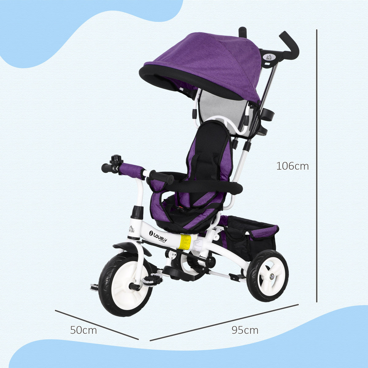 Tricycle enfant évolutif pare-soleil pliable canne télescopique amovible 95 x 50 x 106 cm acier violet blanc-2