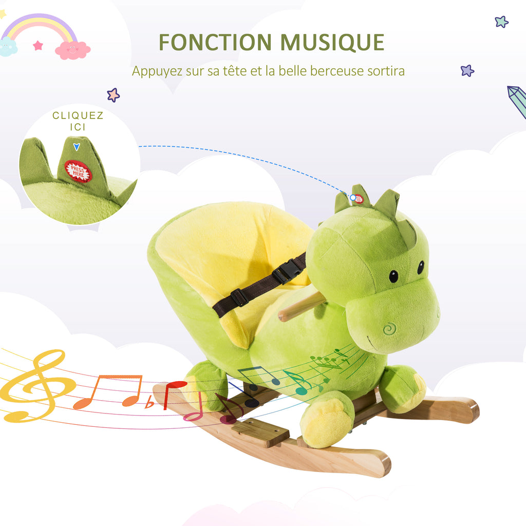 Jouet à Bascule Dinosaure Ceinture de sécurité Effet sonore 32 chansons pour enfants de 18+ Mois Bois Peluche Verte-3