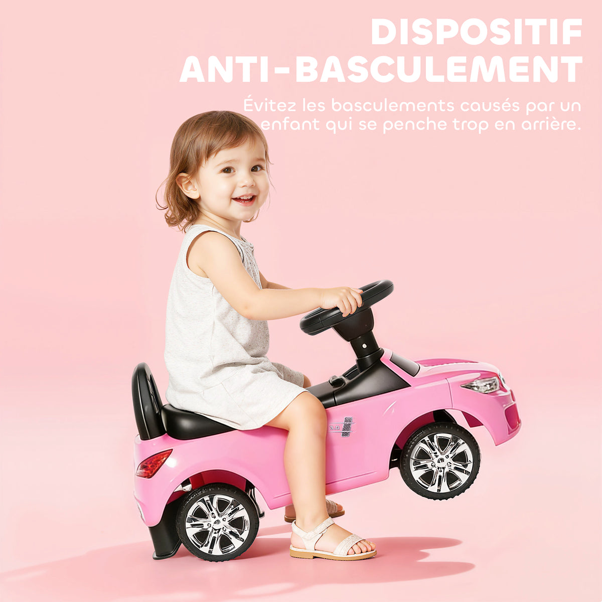 Porteur enfants voiture, véhicule à pousser avec coffre à jouets, klaxon, phares et musique, 63,5 x 28 x 36 cm, rose-4