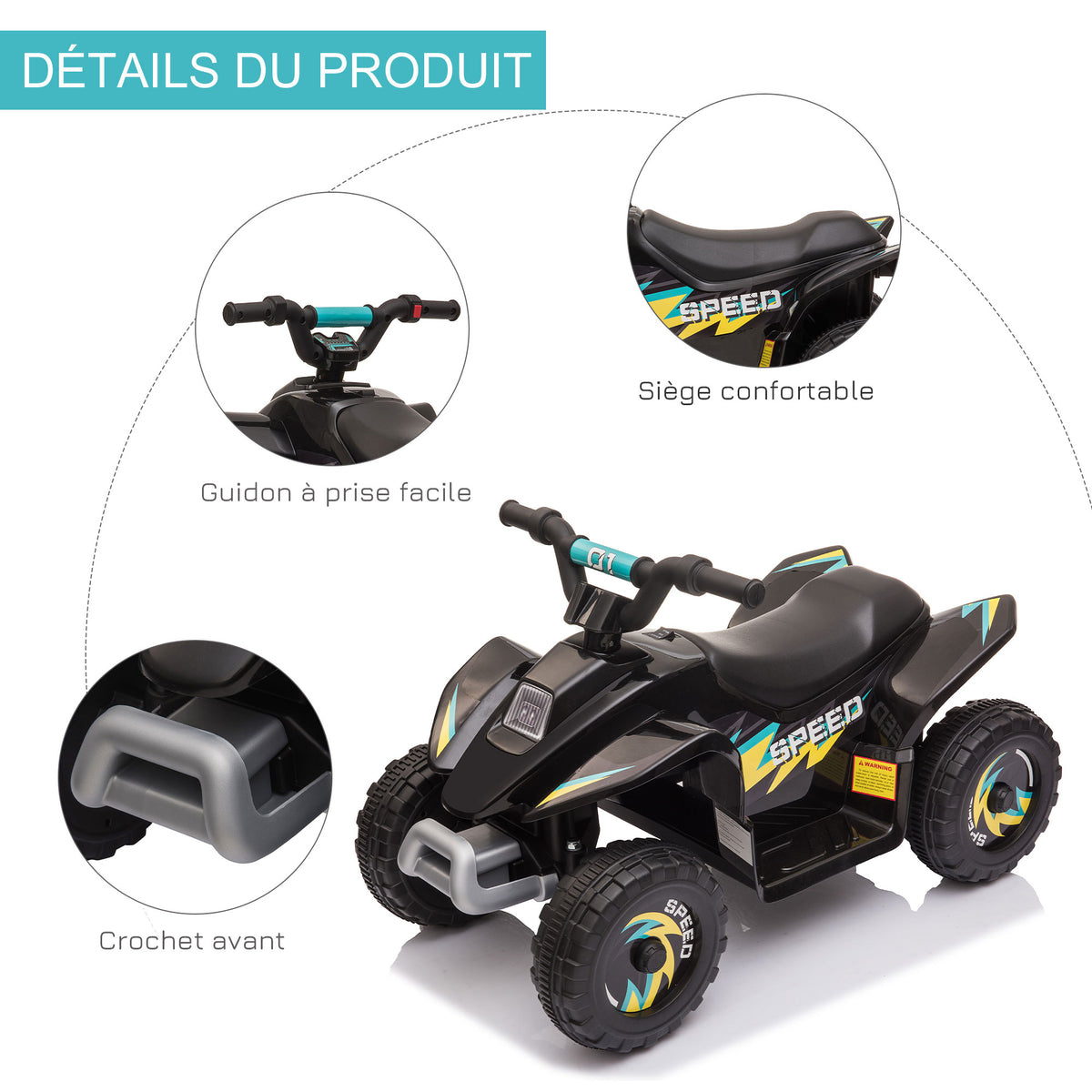 Quad électrique pour enfants 18-36 mois véhicule à batterie 6V avec marche avant et arrière 72 x 40 x 45,5 cm noir-6