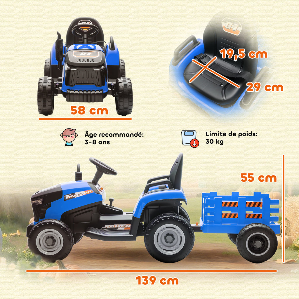Tracteur électrique enfants avec remorque amovible, voiture électrique enfants, télécommande 2,4G, 139x58x55cm, bleu-2