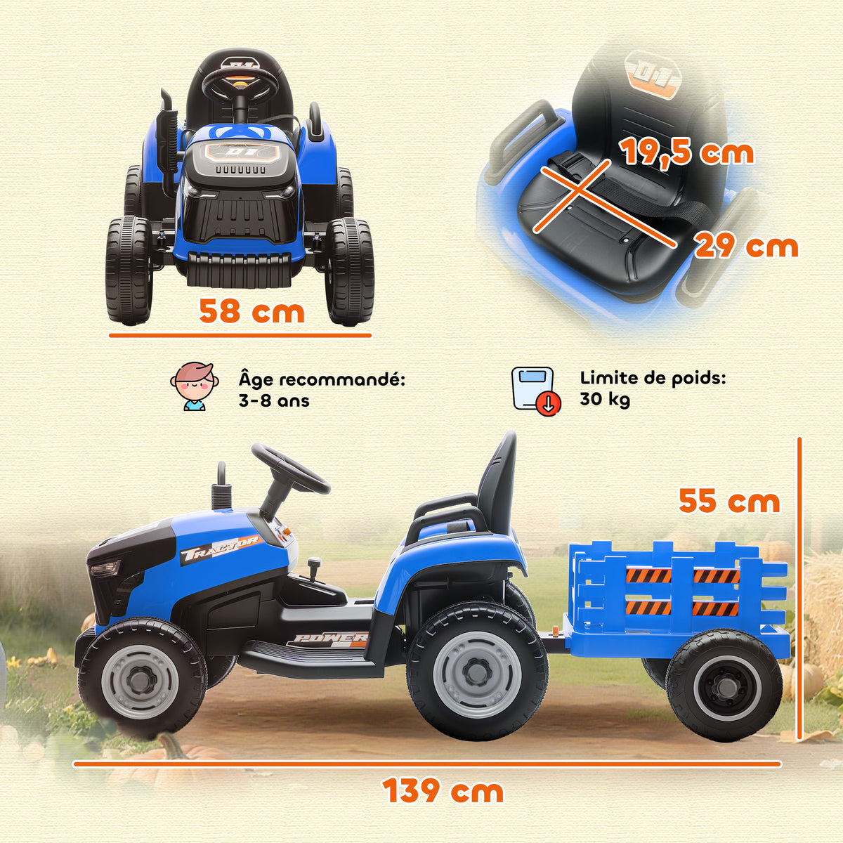 Tracteur électrique enfants avec remorque amovible, voiture électrique enfants, télécommande 2,4G, 139x58x55cm, bleu-2