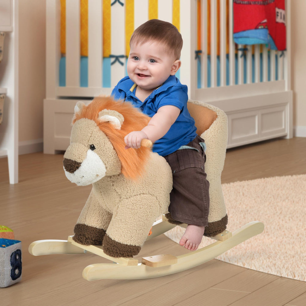 Cheval à Bascule modèle Lion Fonction Musicale Selle Grand Confort Peluche Courte Douce Pour Enfants 18-36 Mois Bois peuplier Marron dim. 68L x 35l x 50H cm-1