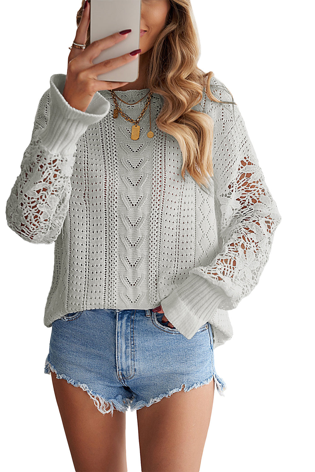 White Crochet Lace Pointelle Knit Sweater