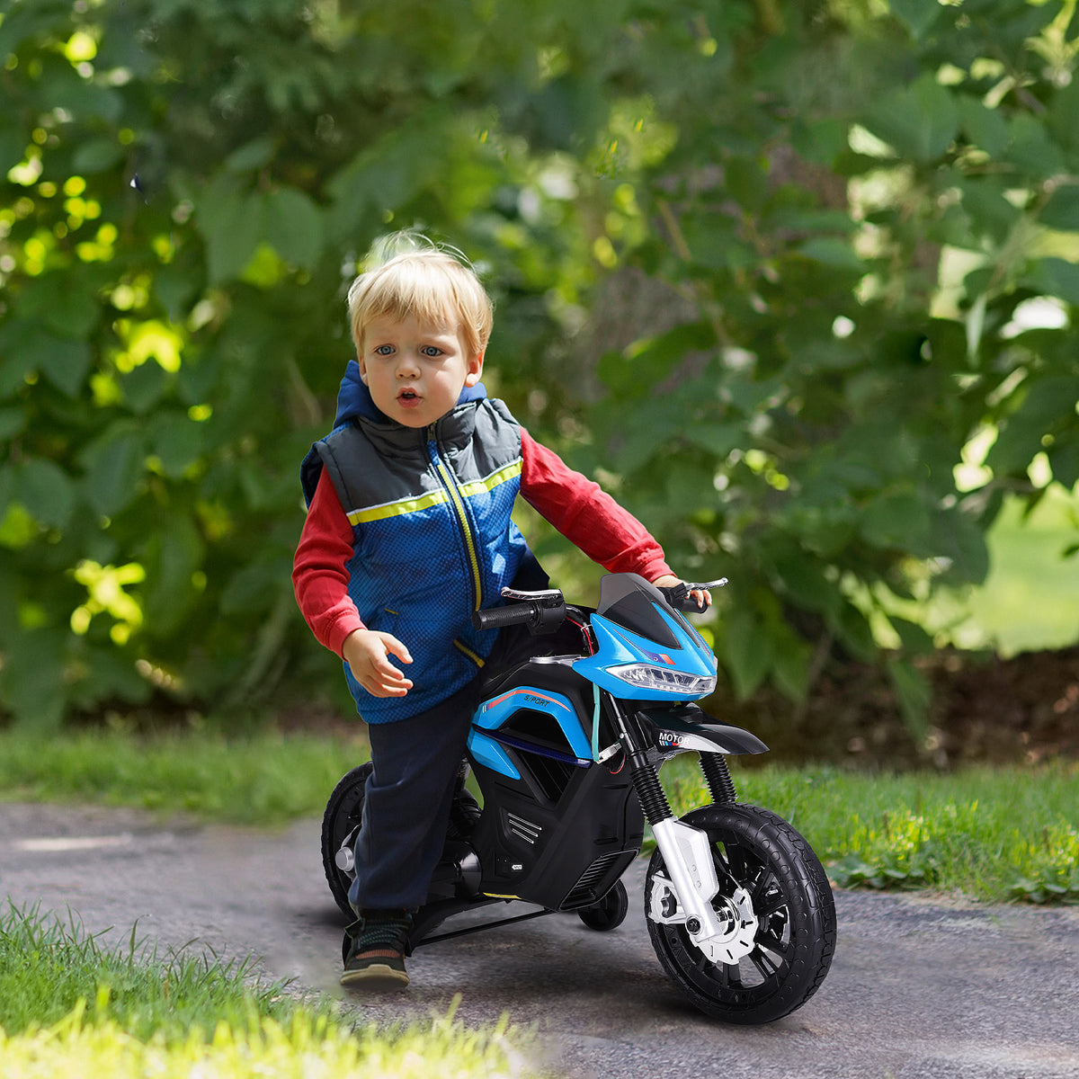 Moto électrique pour Enfants de 3-6 ans 25 W 6 V 3 Km/h Effets Lumineux et sonores roulettes Amovibles Charge max. 30 kg Bleu-1