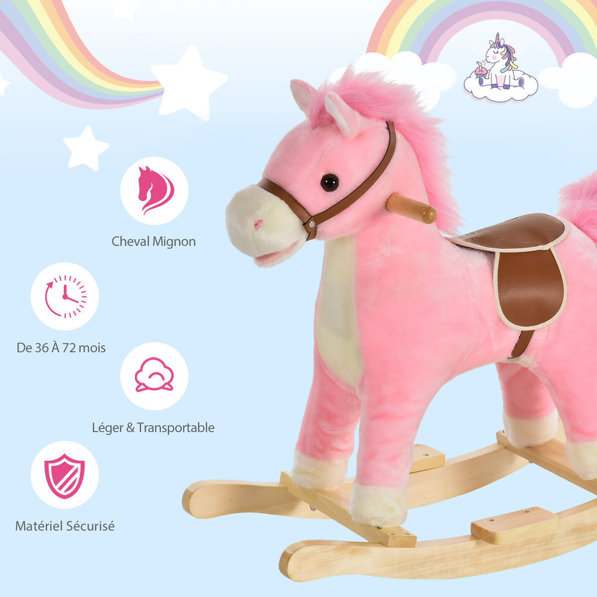 Cheval à Bascule Selle Grand Confort Peluche Courte Douce Bois peuplier Rose dim. 65L x 32,5l x 61H cm-4