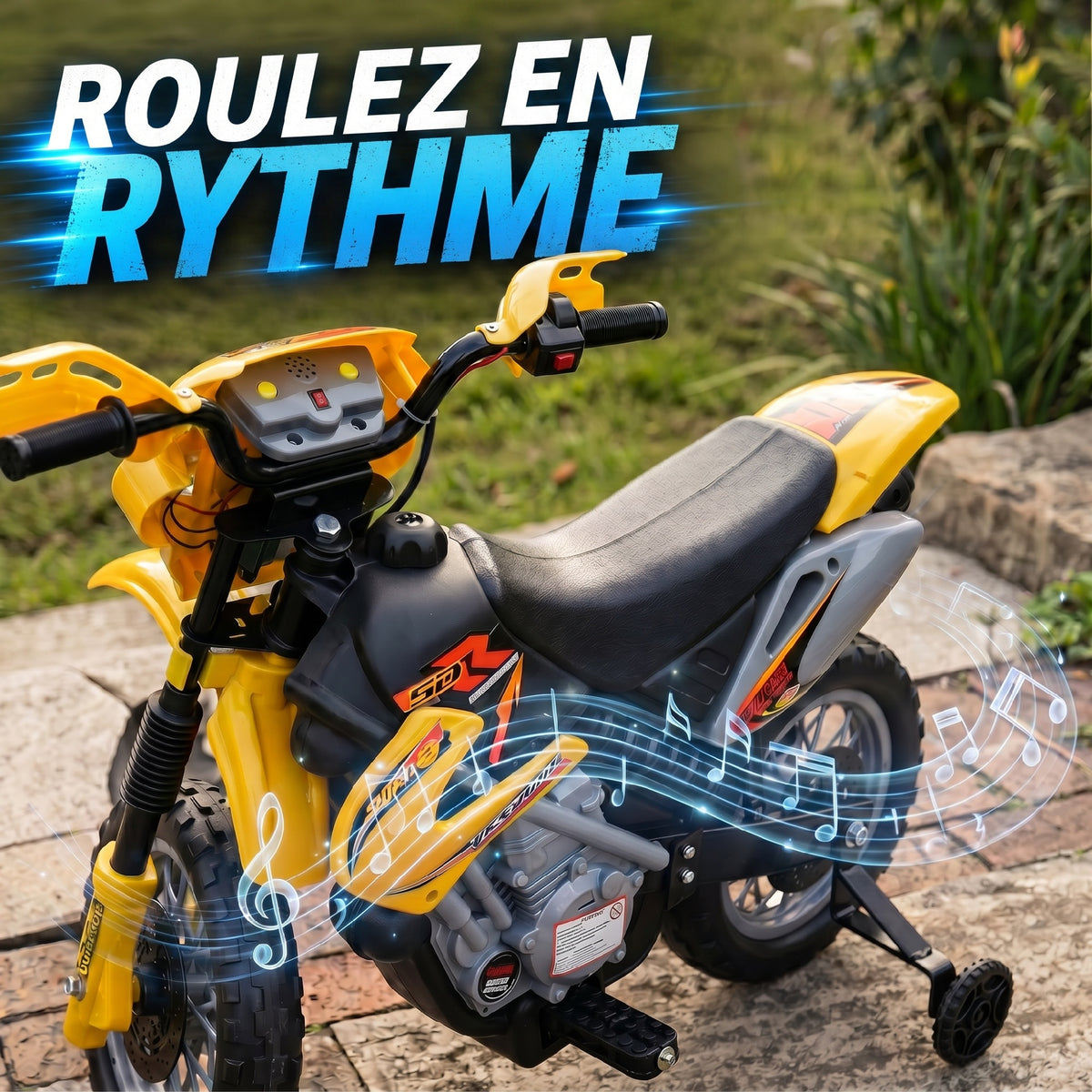 Moto électrique enfants, moto cross pour enfants avec batterie 6 V, phares, musiques et roues d'entraînement, 3 à 6 ans, charge 25KG, jaune et noir-6