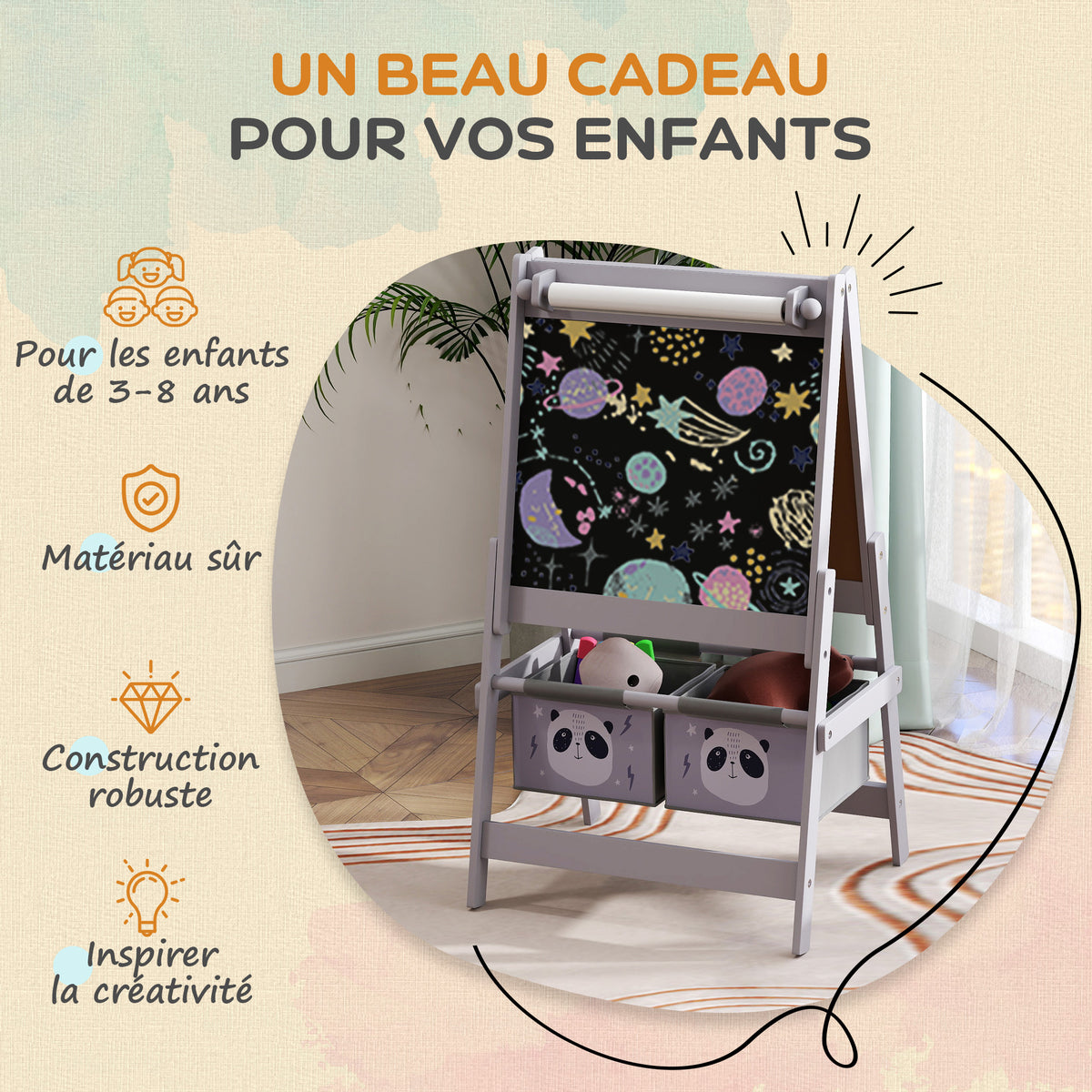 Tableau chevalet enfant ardoise double face tableau à craie rouleau papier 2 paniers 54 x 46,5 x 93 cm gris-5