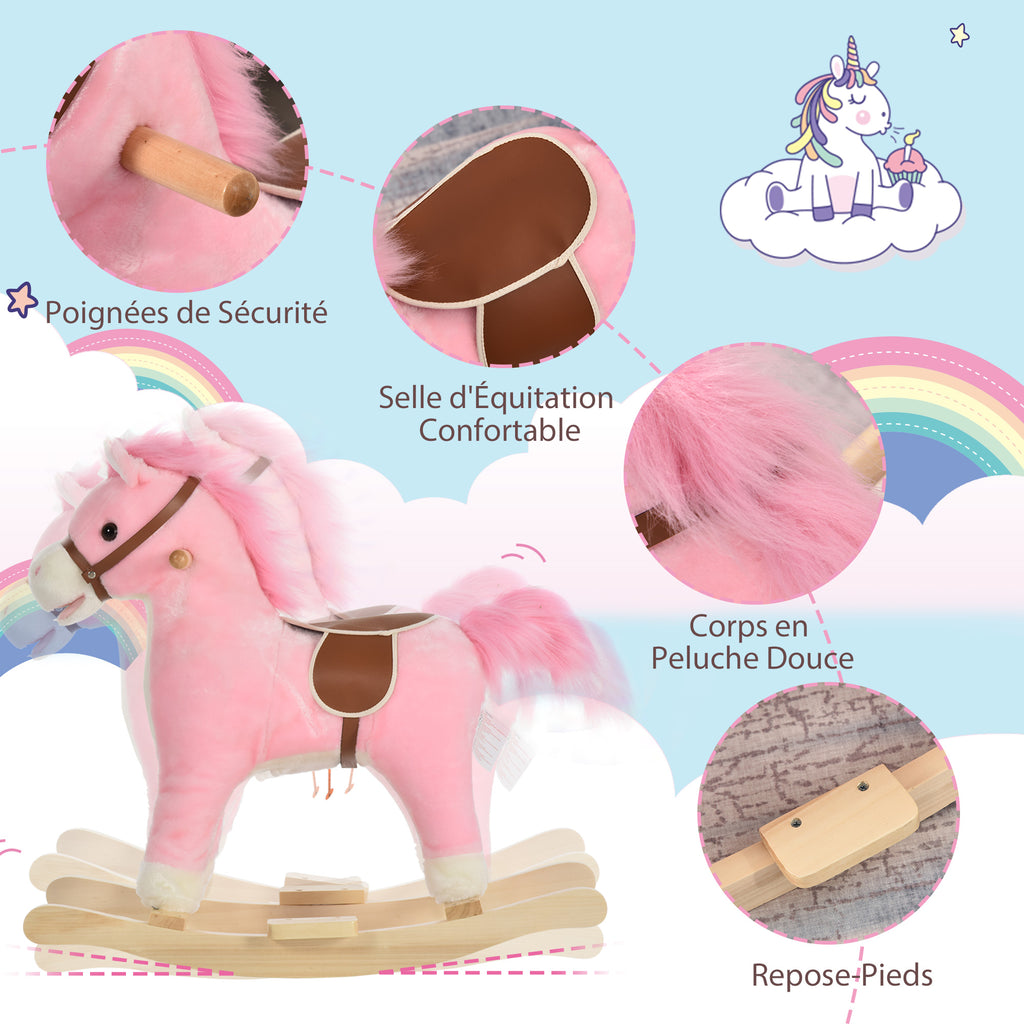 Cheval à Bascule Selle Grand Confort Peluche Courte Douce Bois peuplier Rose dim. 65L x 32,5l x 61H cm-3