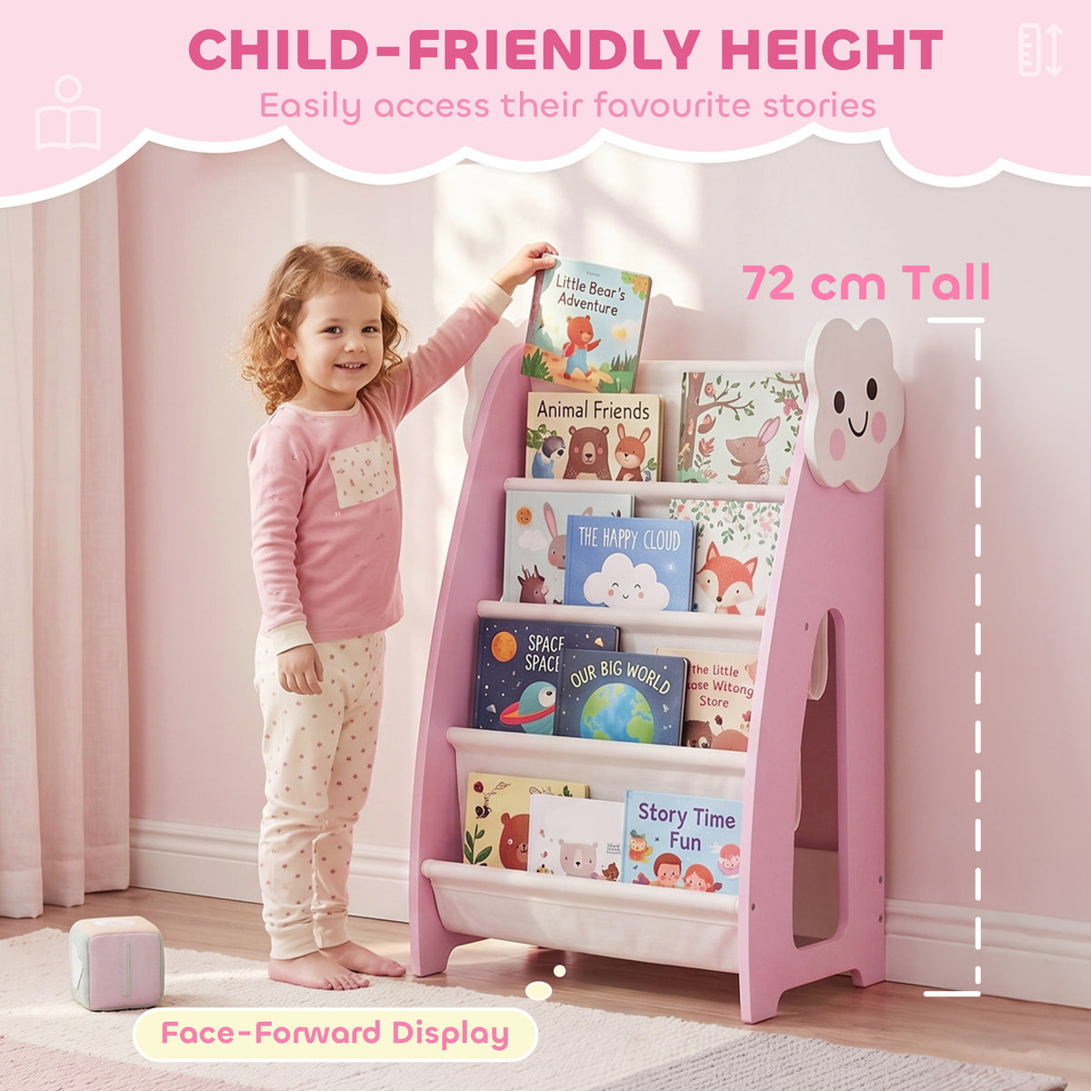 Meuble rangement enfant 3 à 8 ans, rangement jouets enfant modulaire avec porte-magazines à 4 étagères, rose-7
