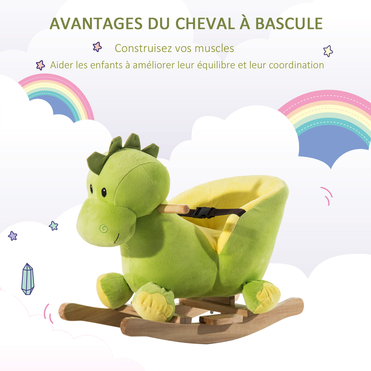 Jouet à Bascule Dinosaure Ceinture de sécurité Effet sonore 32 chansons pour enfants de 18+ Mois Bois Peluche Verte-4
