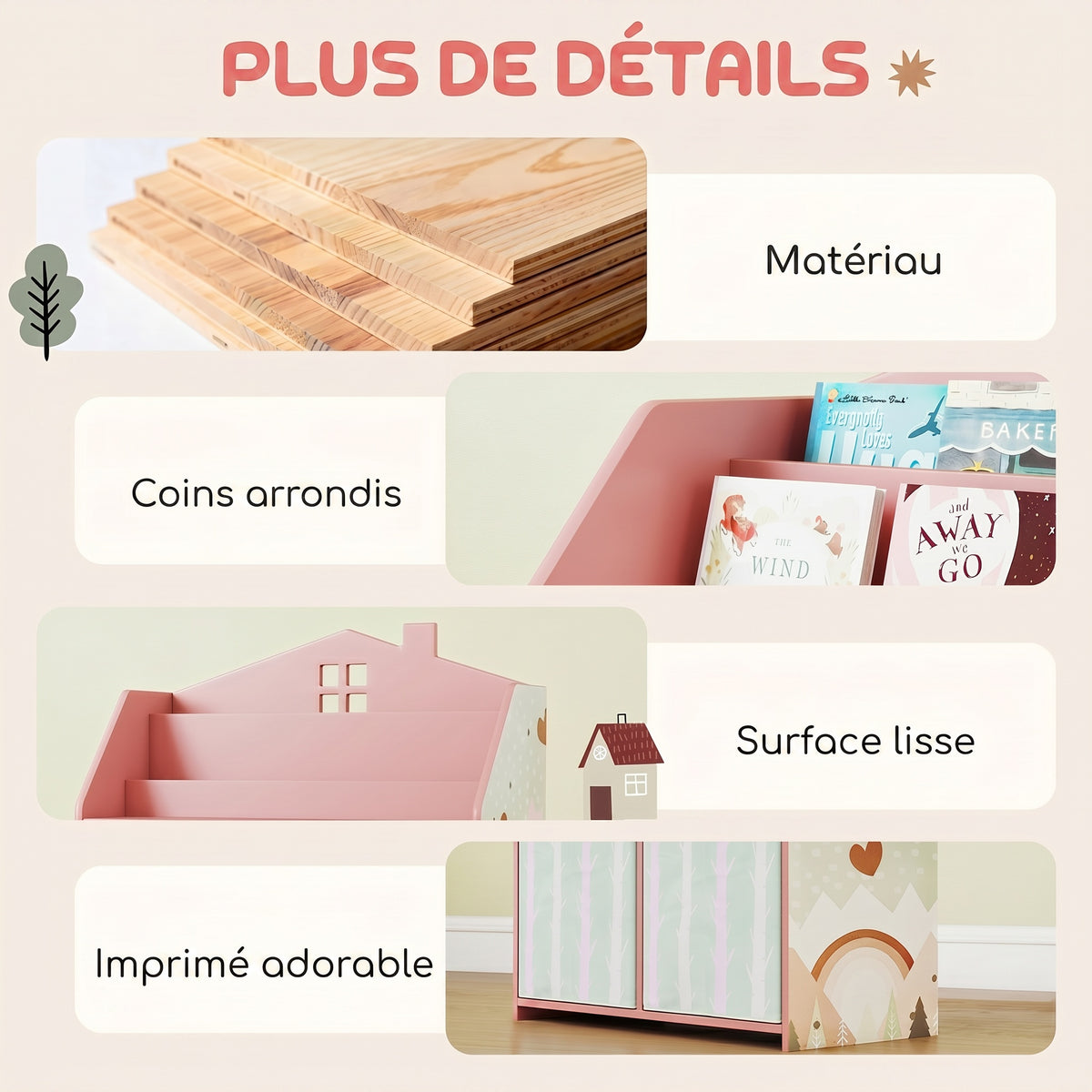 Meuble rangement enfant, bibliothèque enfants avec étagères ouvertes et 2 tiroirs en tissu, MDF, rose-6