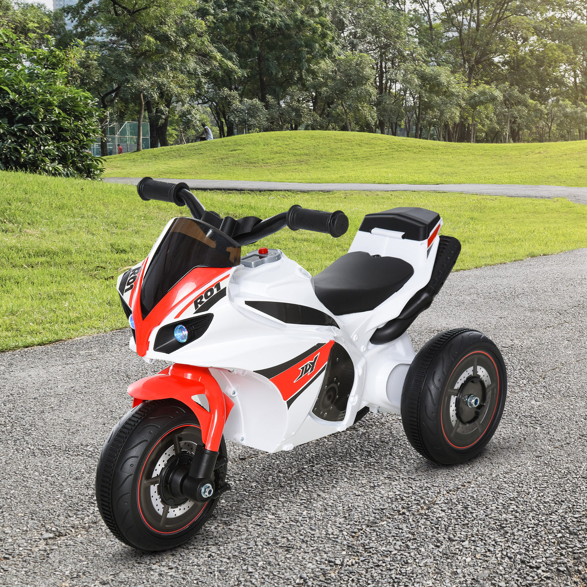 Porteur Enfants Moto de Course Effets musicaux et Lumineux Coffre Rangement Rouge Blanc-1