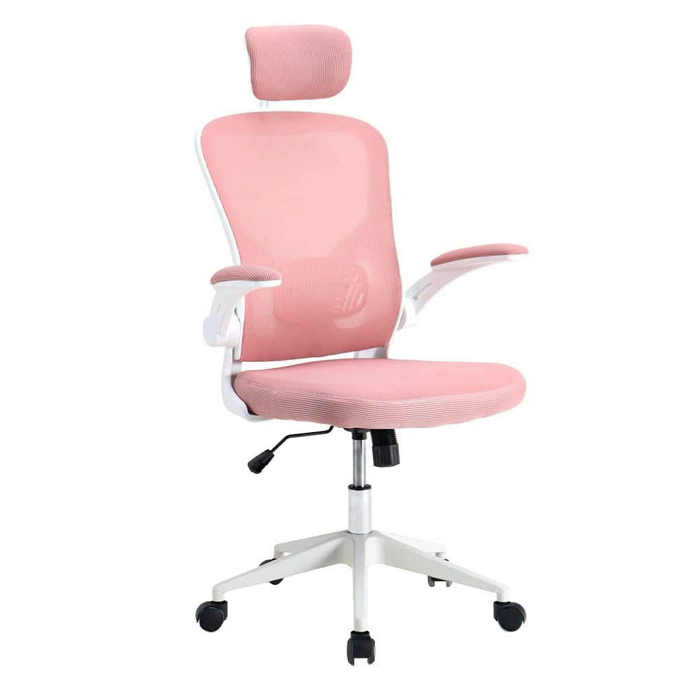 Ergonomikus irodai szék deréktámasszal, fejtámlával, rózsaszín-0