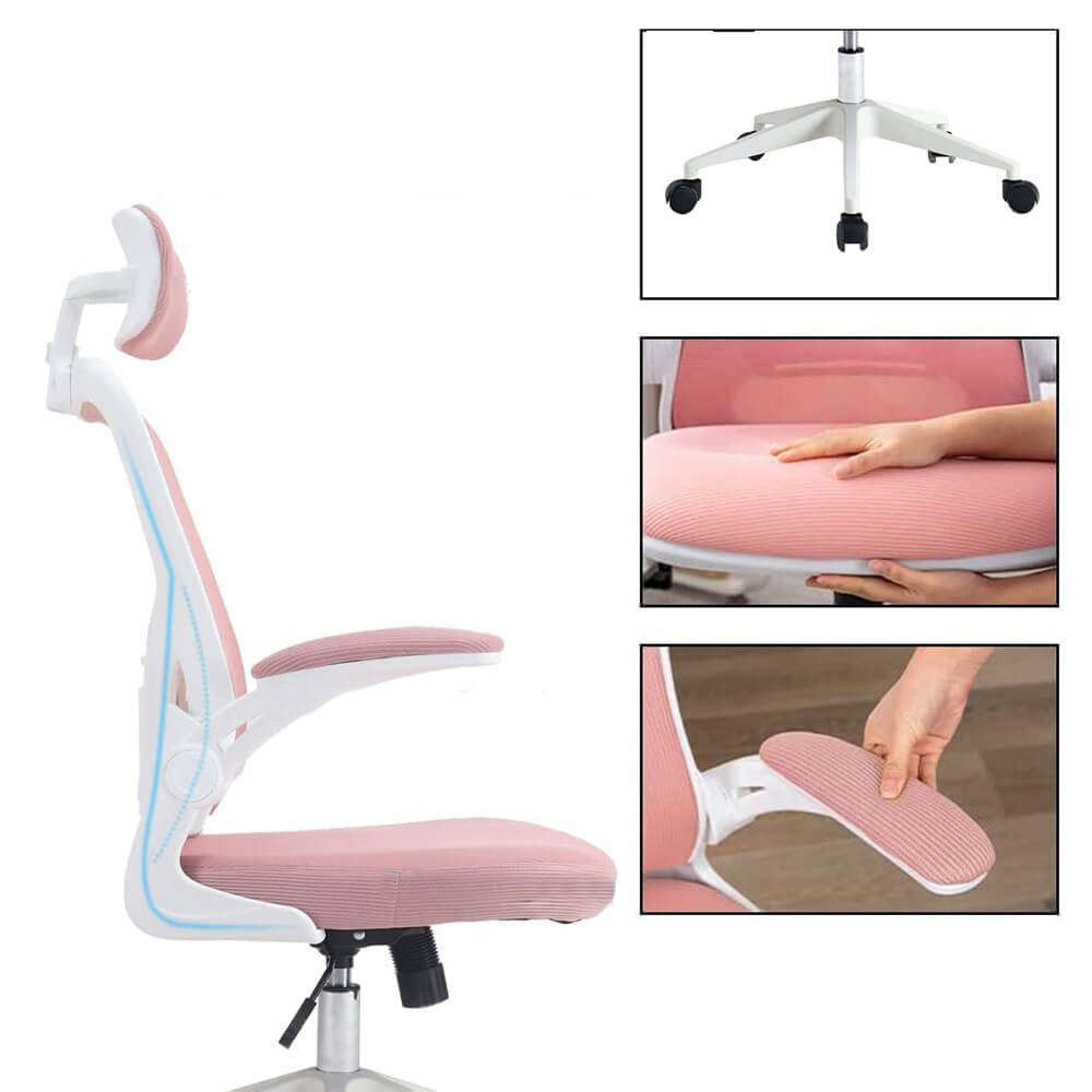 Ergonomikus irodai szék deréktámasszal, fejtámlával, rózsaszín-3
