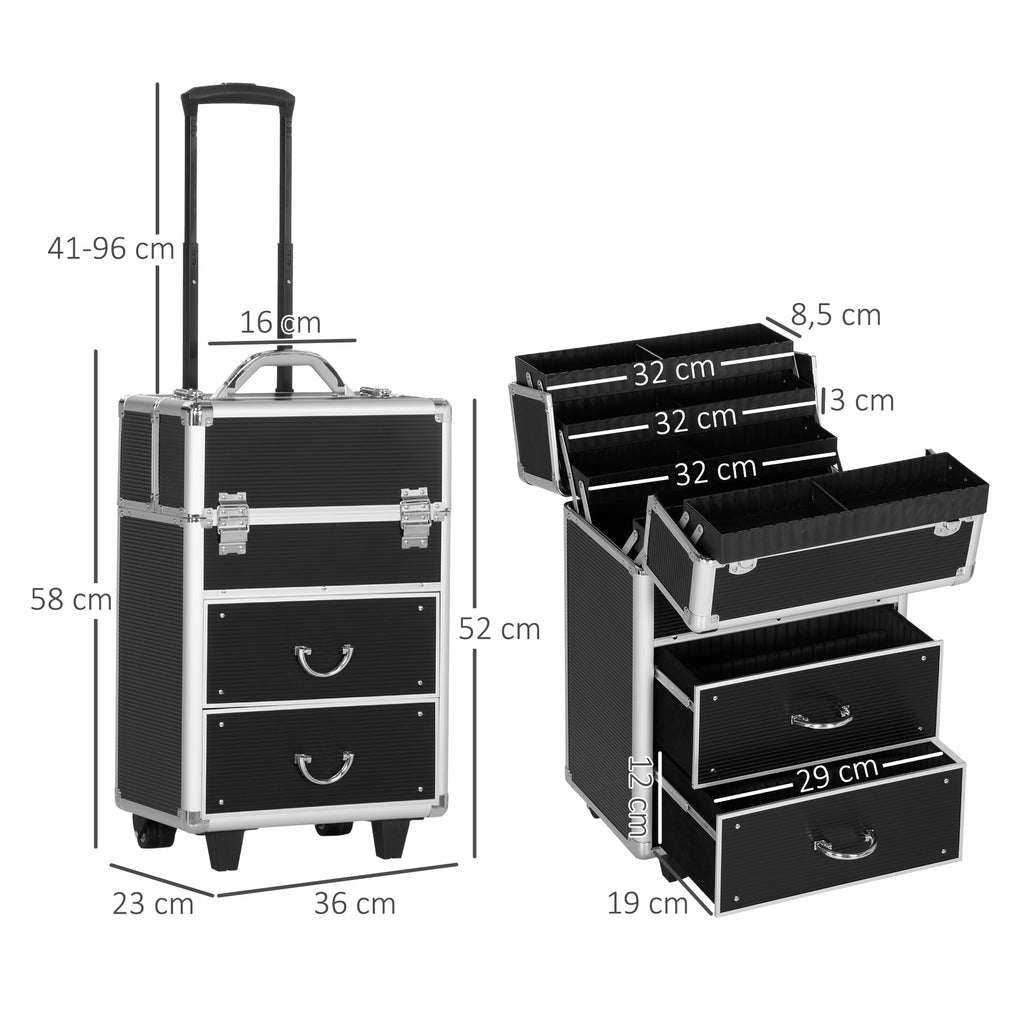 Valise trolley maquillage mallette cosmétique vanity poignée télescopique réglable 36L x 23l x 58H cm alu ABS noir-2