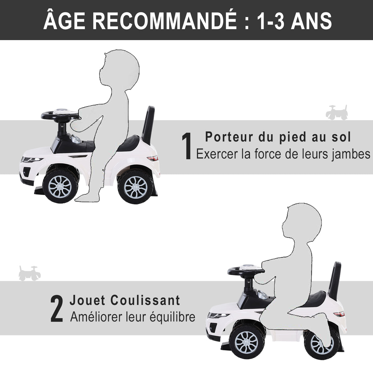 Porteur Enfant Véhicule à Pousser, Porteur Bébé avec Klaxon, Compteurs Factices et Coffre à Jouets, pour Enfants de 12 à 36 Mois, Blanc-6