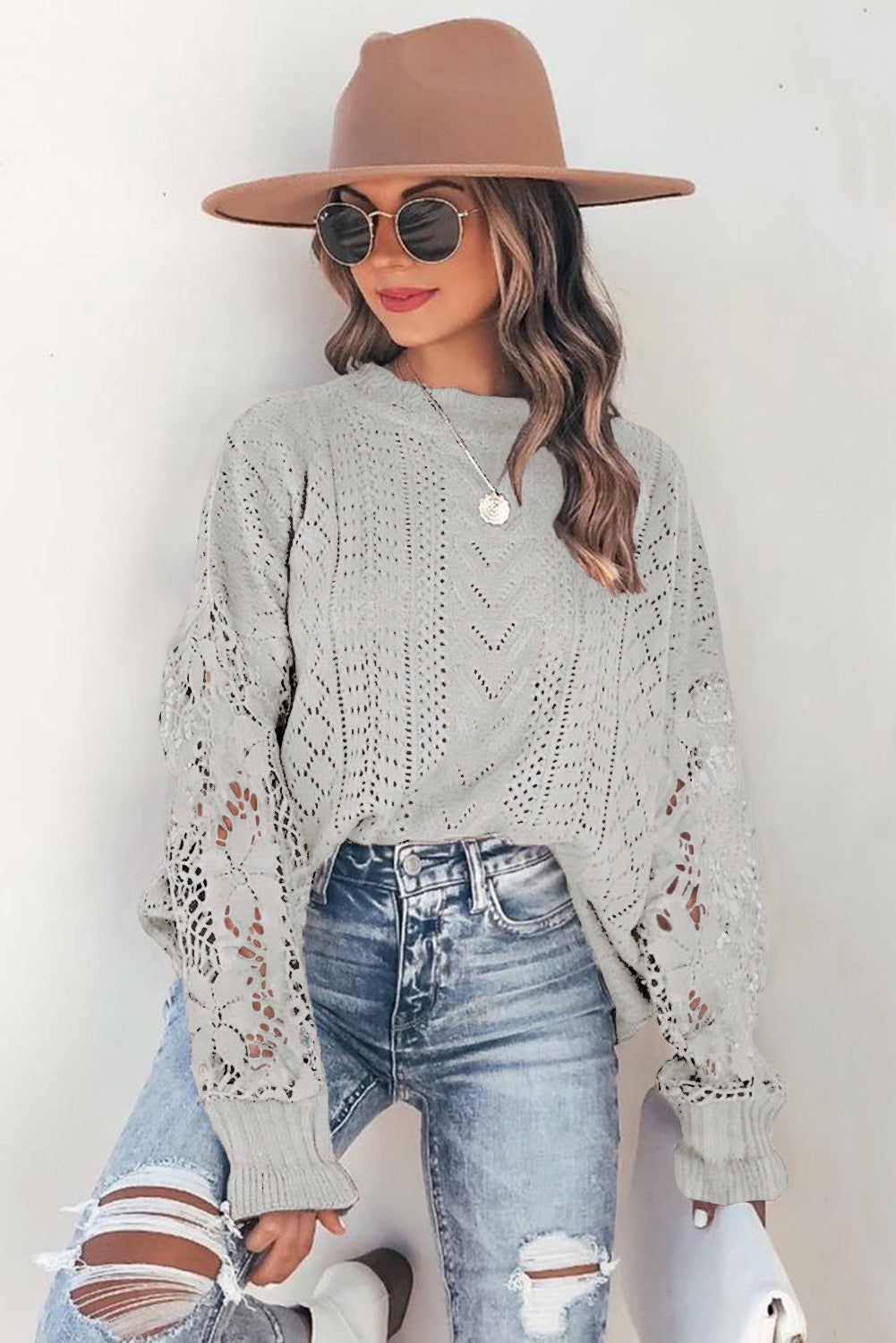 White Crochet Lace Pointelle Knit Sweater