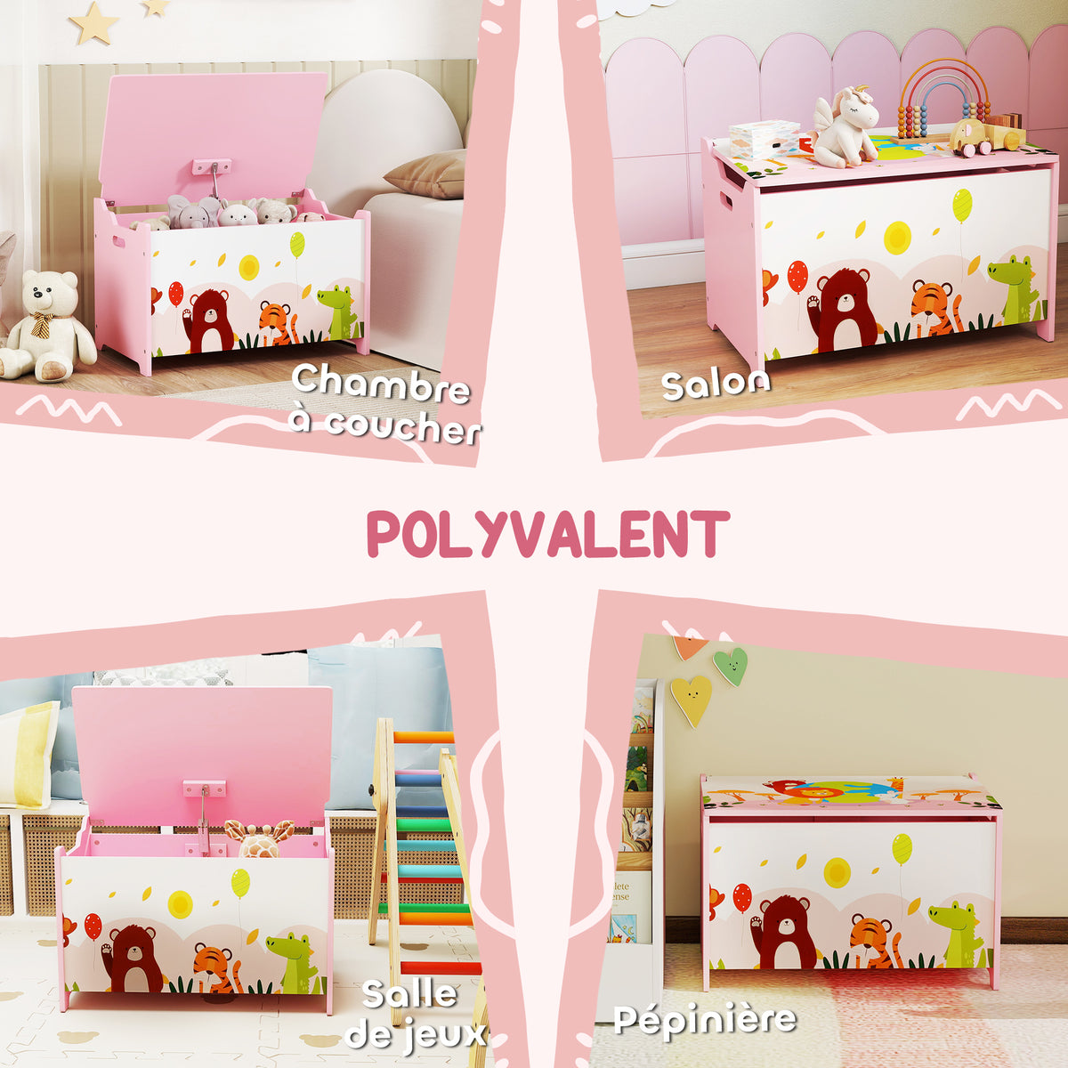 Coffre à jouet enfant coffre de rangement enfant couvercle rabattable motif animal 60 x 37 x 39 cm rose-5