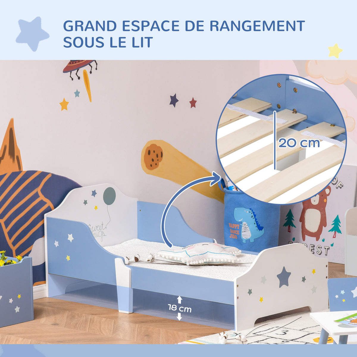 Lit pour enfants de 3 à 6 ans design étoiles sommier à lattes inclus chambre moderne 143 x 74 x 59 cm bleu blanc-5