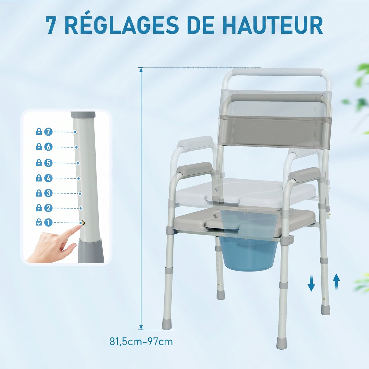 Chaise percée toilette pliable antidérapante hauteur réglable, siège et accoudoirs rembourrés, charge 150 kg, Gris-5