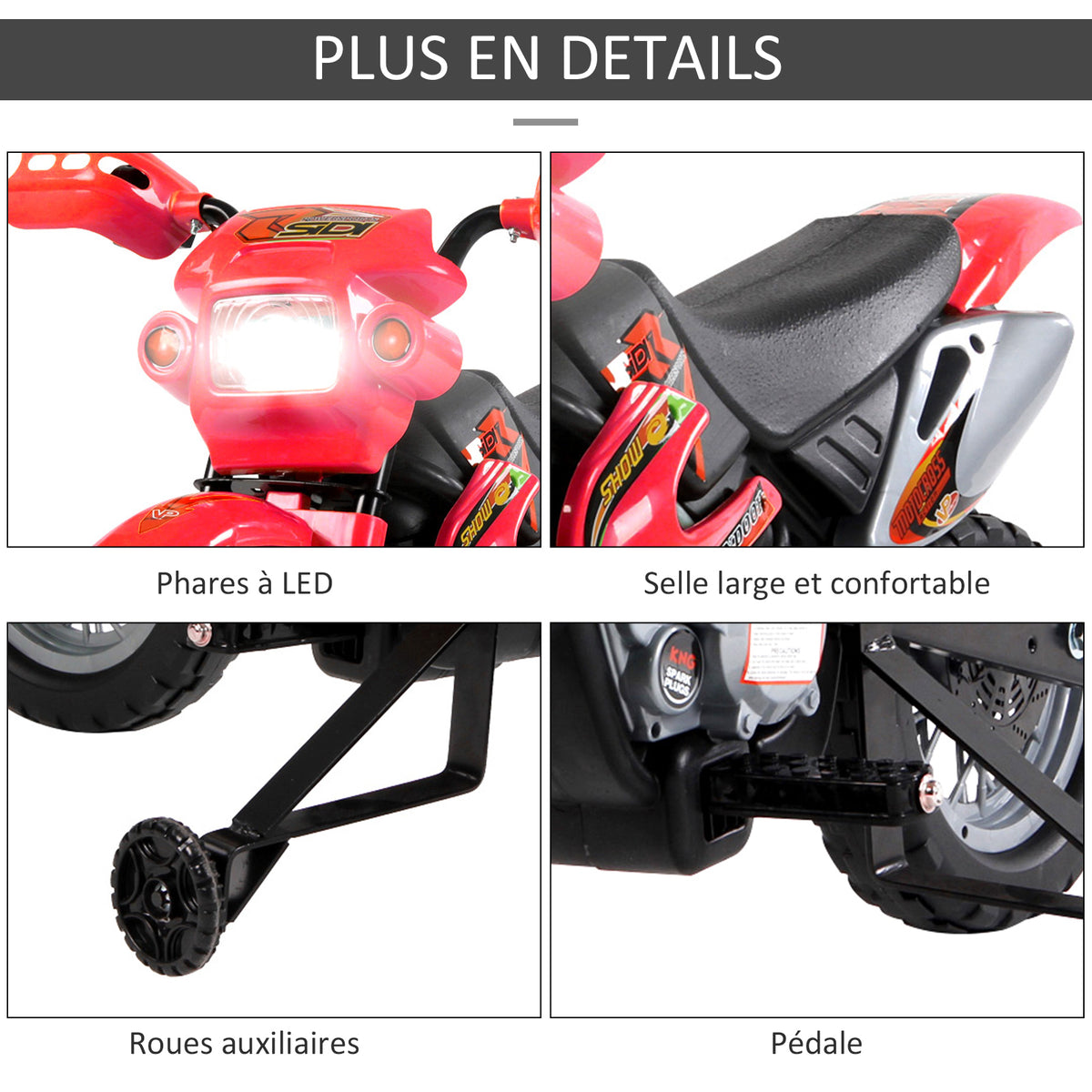 Moto Cross électrique Enfant 3 à 6 Ans 6 V phares klaxon musiques 102 x 58 x 66 cm Rouge et Noir-6