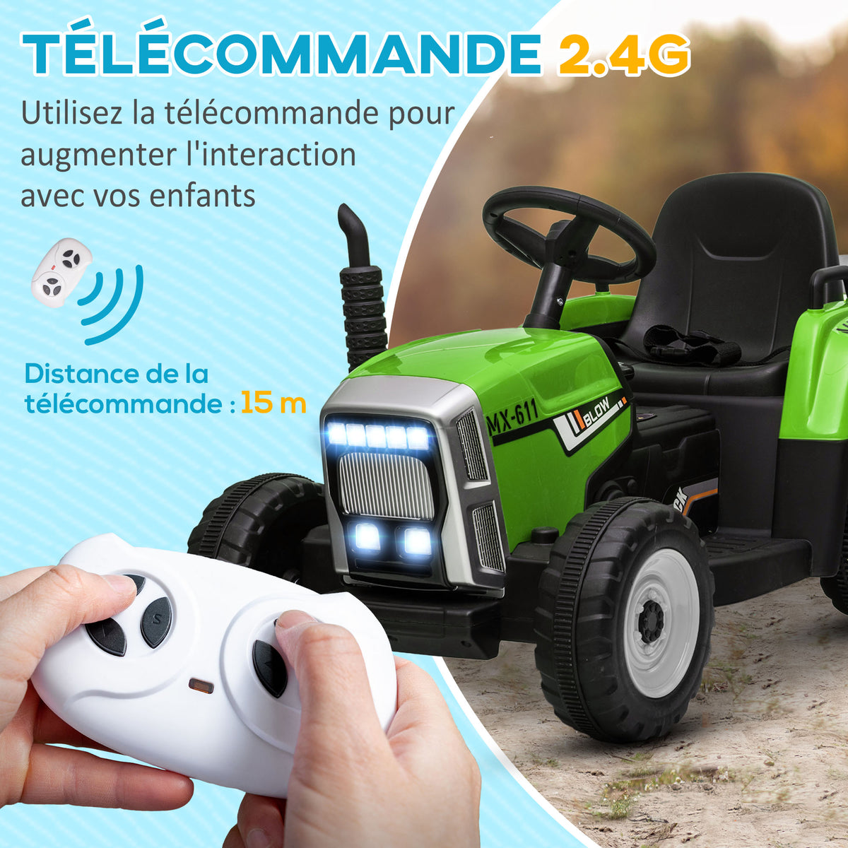 Tracteur électrique avec remorque amovible, pour enfants de 3 à 6 ans avec télécommande MP3 musique affichage lumières-4