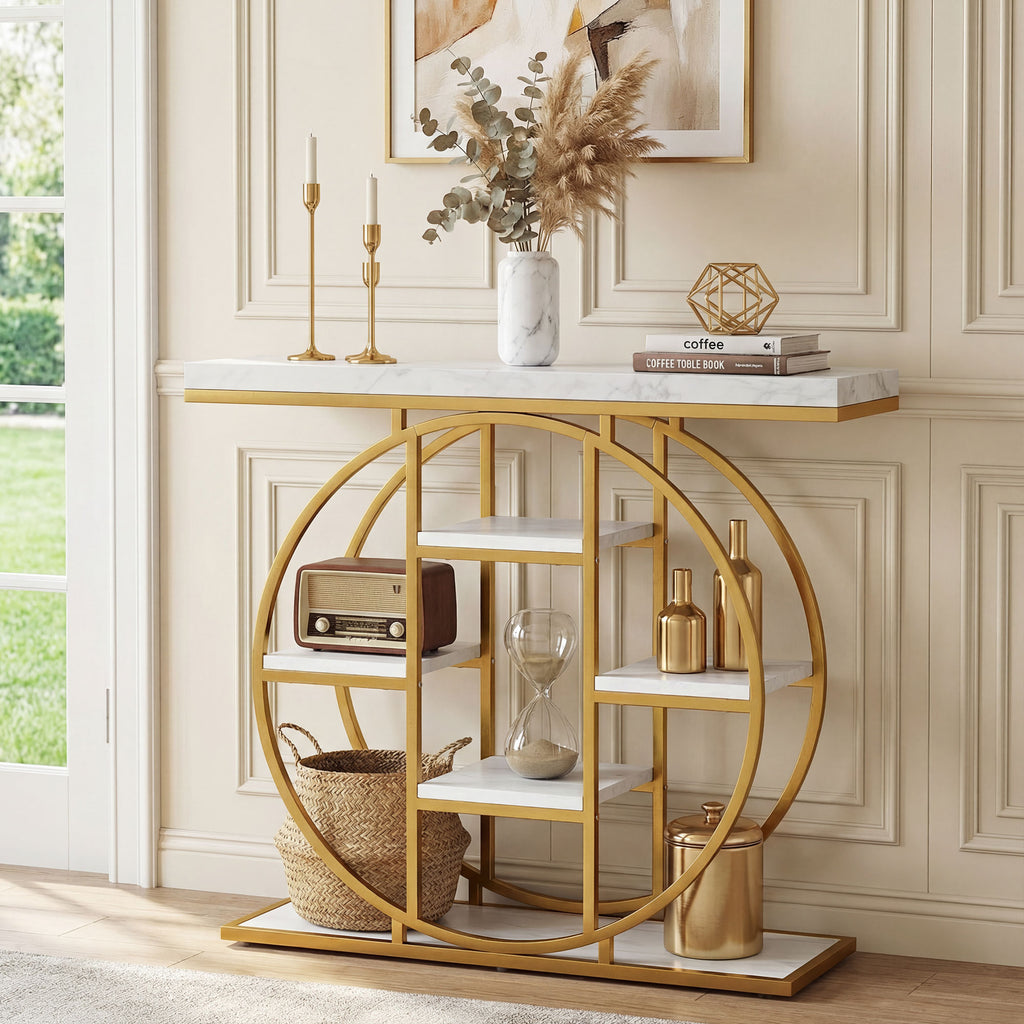 Table Console d'Entrée Meuble d'Entrée Industrielle 6 Étagères Rangement Plateau 4cm 100 x 30 x 81,5cm Blanc-7
