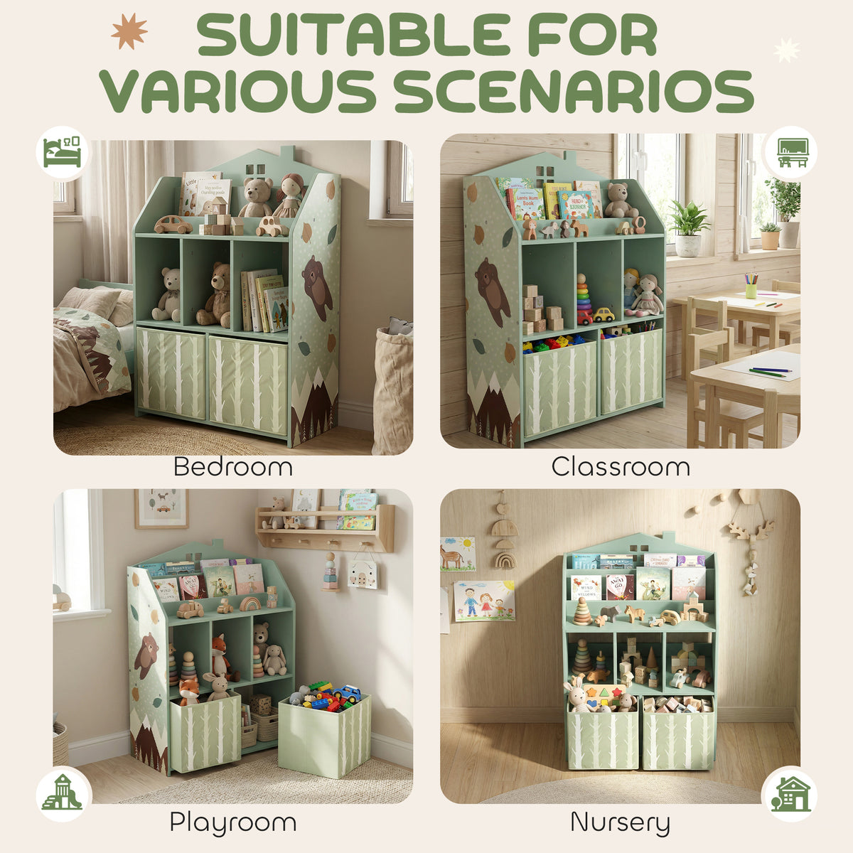 Meuble rangement enfant, bibliothèque enfants avec étagères ouvertes et 2 tiroirs en tissu, MDF, vert-7