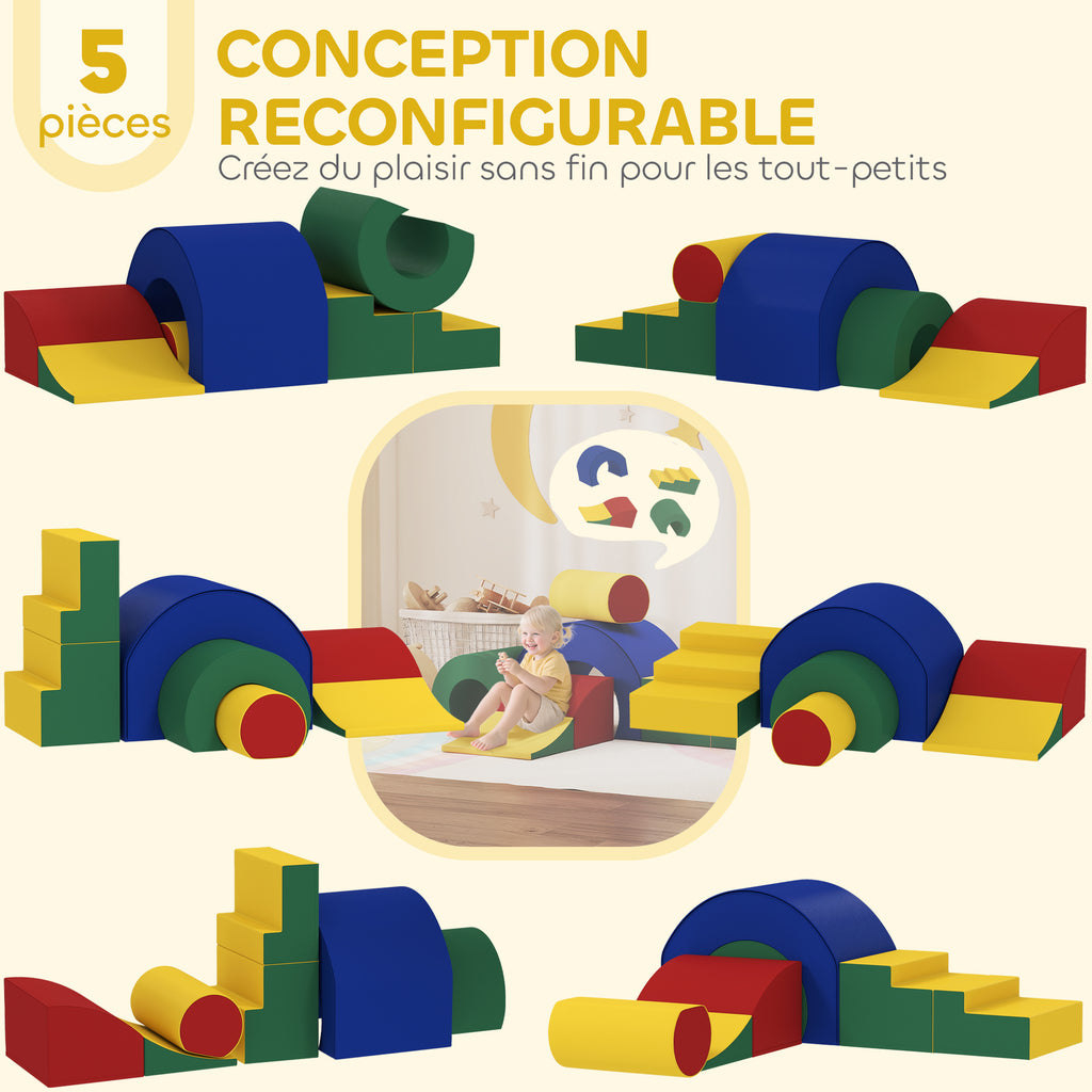 Parcours motricité enfants jouets d'escalade modulable 5 briques géantes en mousse 181 x 39 x 44 cm multicolore-3