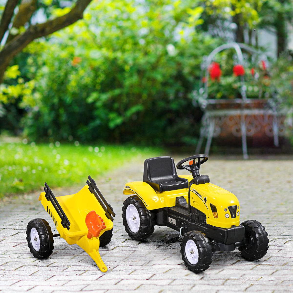 Porteur tracteur enfants avec remorque, râteau et pelle, tracteur à pédales 6 roues, charge 35 kg, pour 3+ ans, jaune-9
