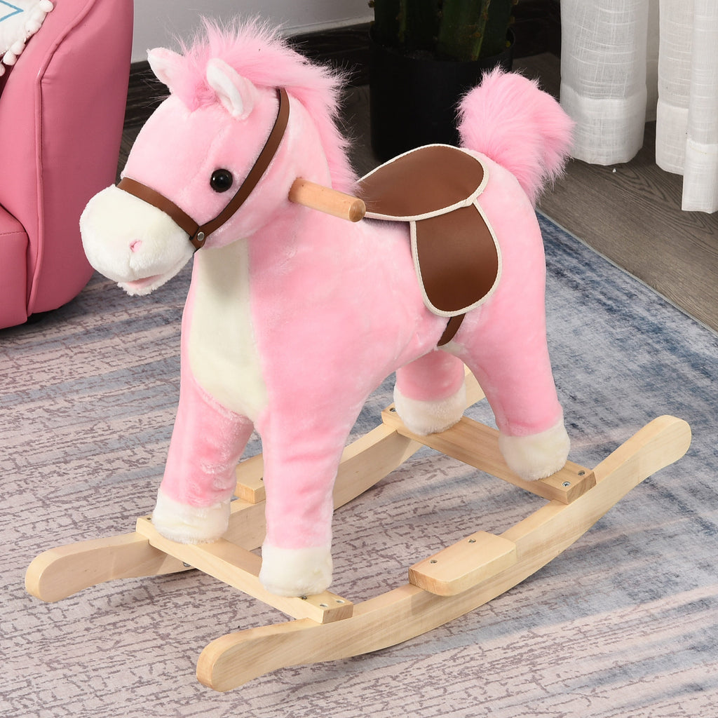 Cheval à Bascule Selle Grand Confort Peluche Courte Douce Bois peuplier Rose dim. 65L x 32,5l x 61H cm-1