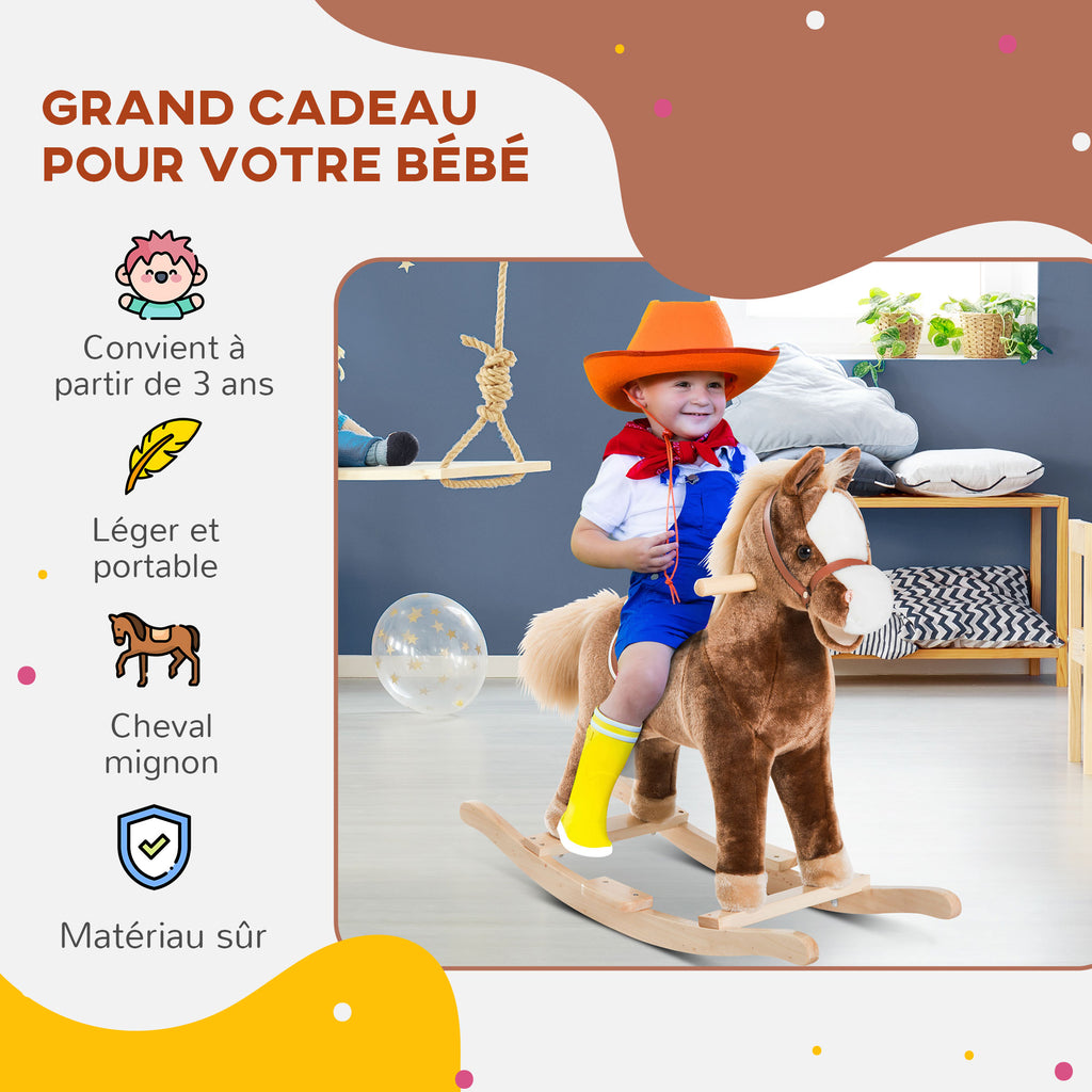 Cheval à Bascule Cheval de Cowboy Selle Grand Confort pour Enfants de 36+Mois Peluche Courte Douce Bois peuplier Charge 40 Kg Brun Blanc-3
