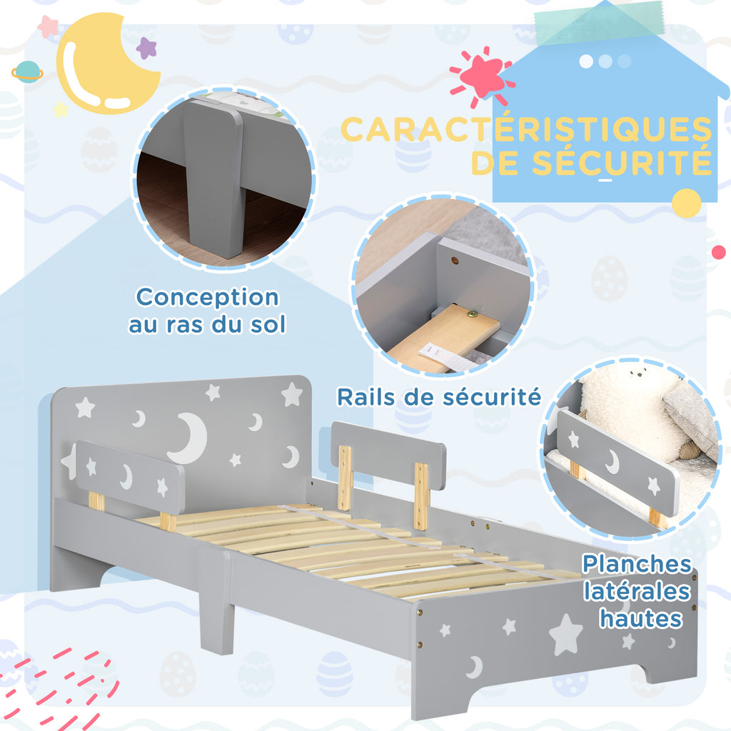 Lit pour enfants de 3 à 6 ans design étoiles et lune sommier à lattes inclus chambre moderne 143 x 76 x 49 cm gris-4