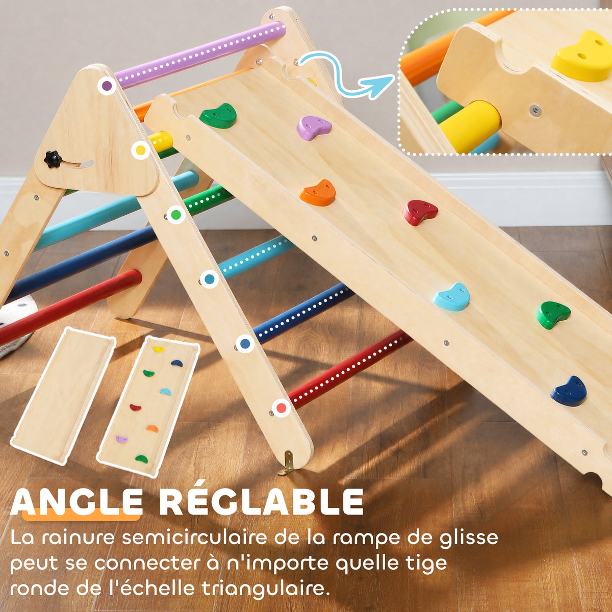 Triangle escalade enfants 3 en 1, rampe double-face pour grimper et glisser, charge 50 kg, 147x64,5x63cm, multicolore-5