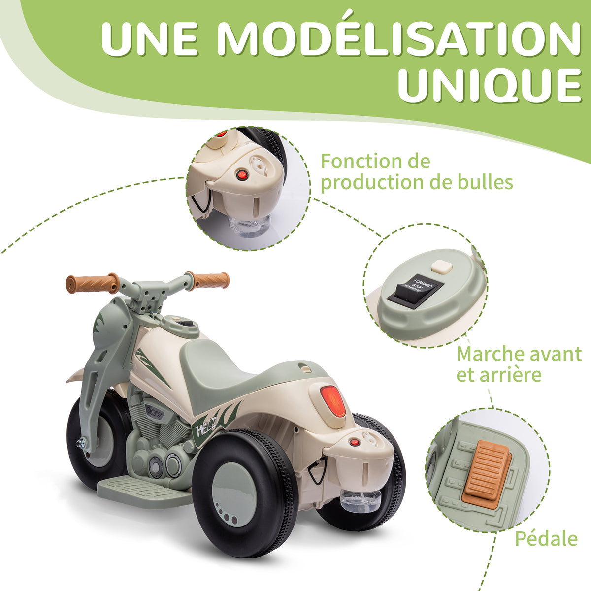 Moto électrique enfants 2-5 ans, 3 roues, 6 V, 3 km/h, avec fonction de bulles, effets lumineux et sonores, blanc crème-5
