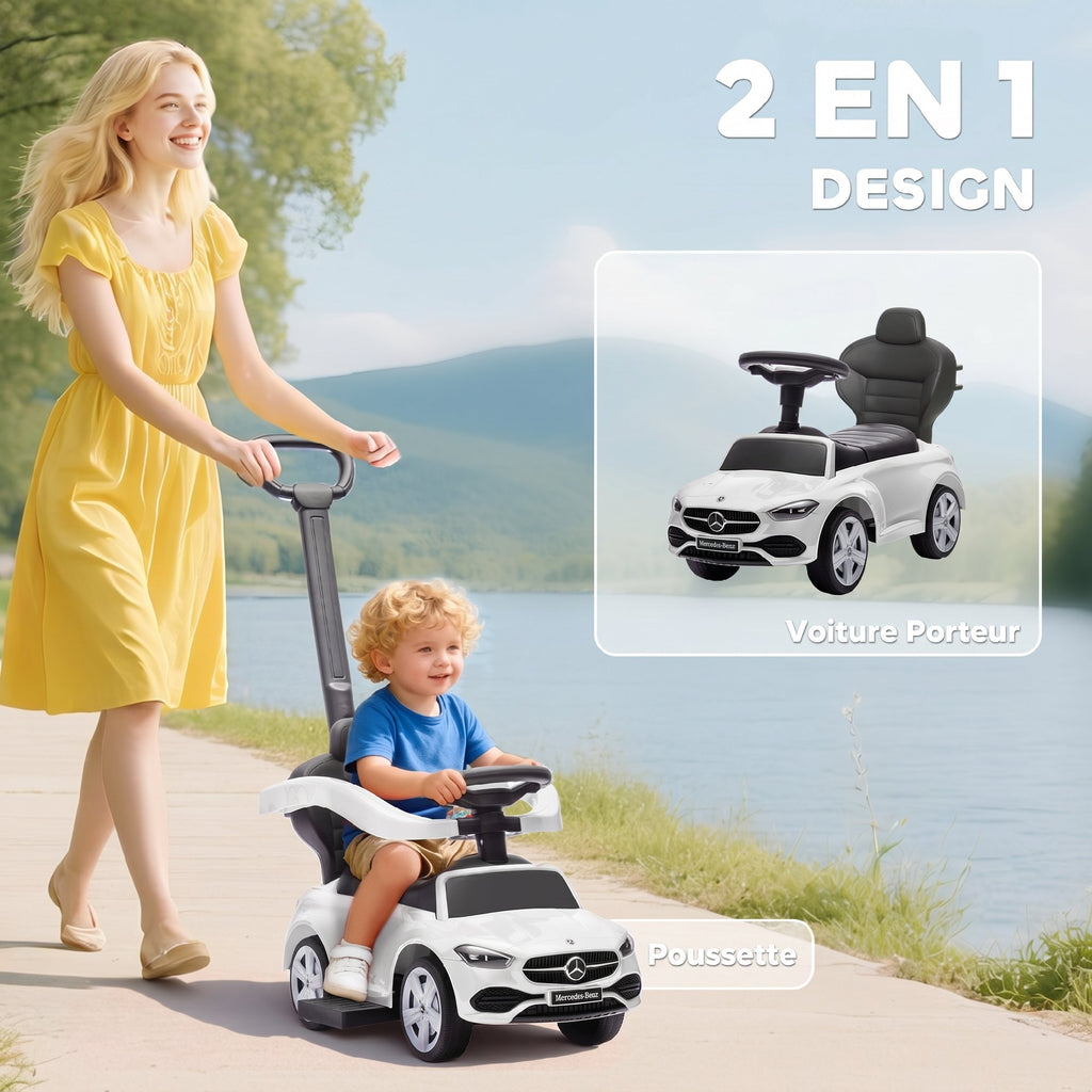 Porteur Enfants Mercedes-Benz sous Licence, Porteur Voiture à Pousser avec Poignée Amovible, 91 x 40 x 83 cm, Blanc-3