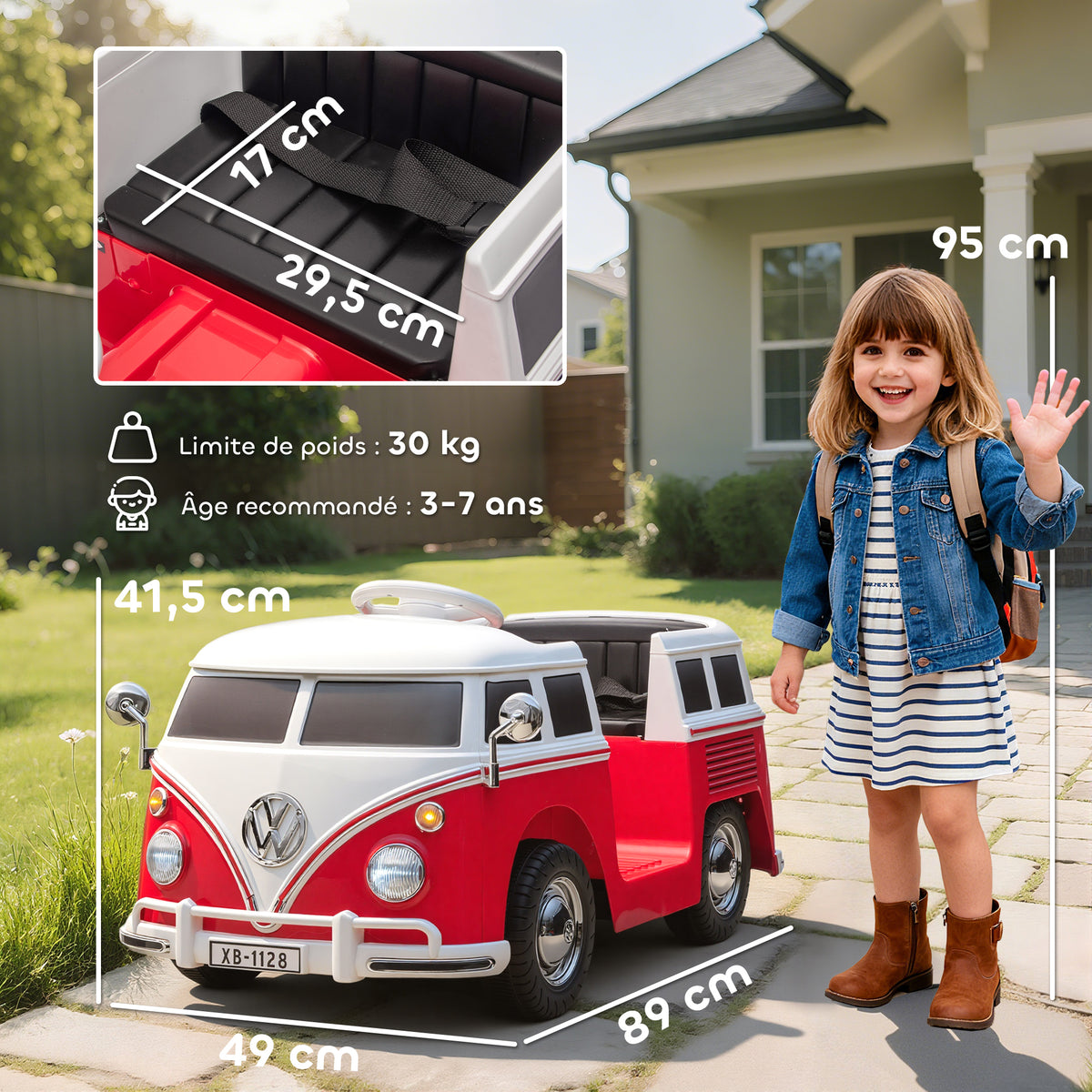 Voiture électrique enfant Volkswagen T1 sous licence officielle 12 V avec 2 moteurs démarrage doux 89x49x41,5cm rouge-2