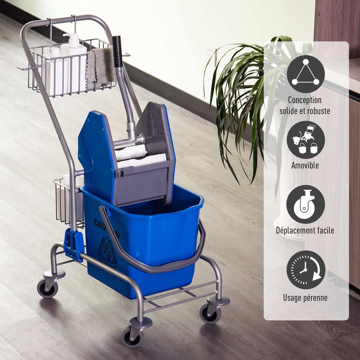 Chariot de ménage chariot de lavage chariot de nettoyage professionnel presse à mâchoire seau 26 L + panier de rangements dim. 73L x 45l x 95H cm bleu-5