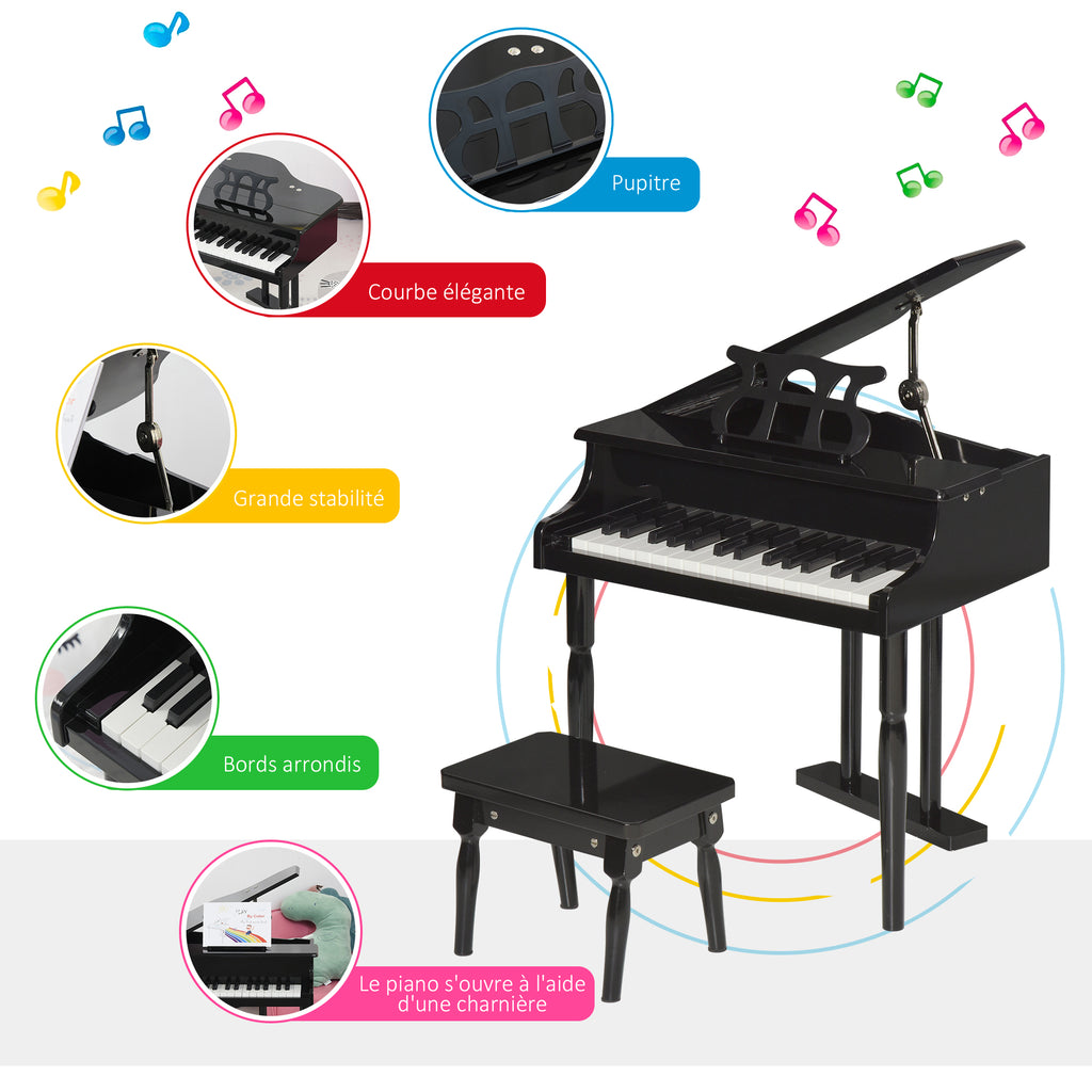 Piano à queue enfant en bois Piano enfant clavier de piano 30 touches - tabouret et pupitre inlus - Instrument de Musique - MDF noir-3