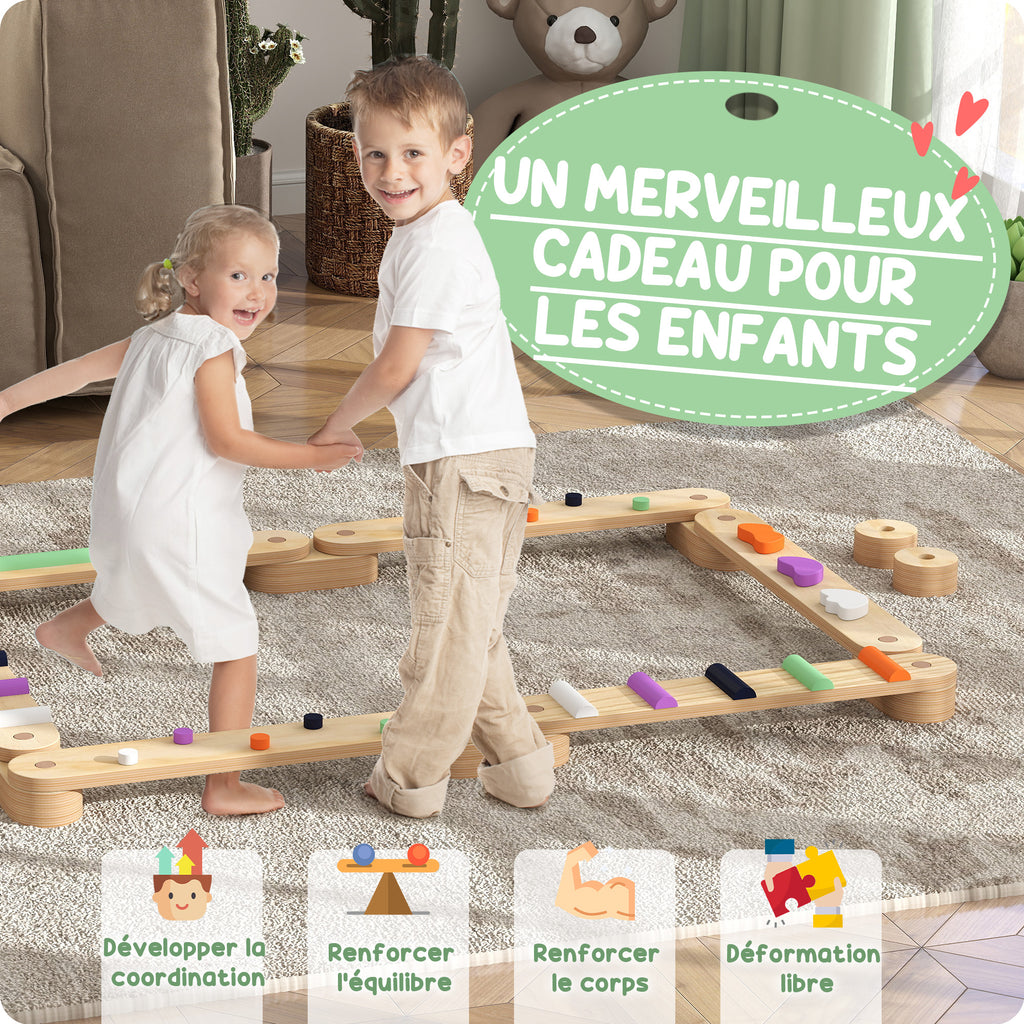 Poutre d'équilibre en bois pour enfants 3-8 ans avec pierres d'obstacle colorées, intérieur et extérieur-3