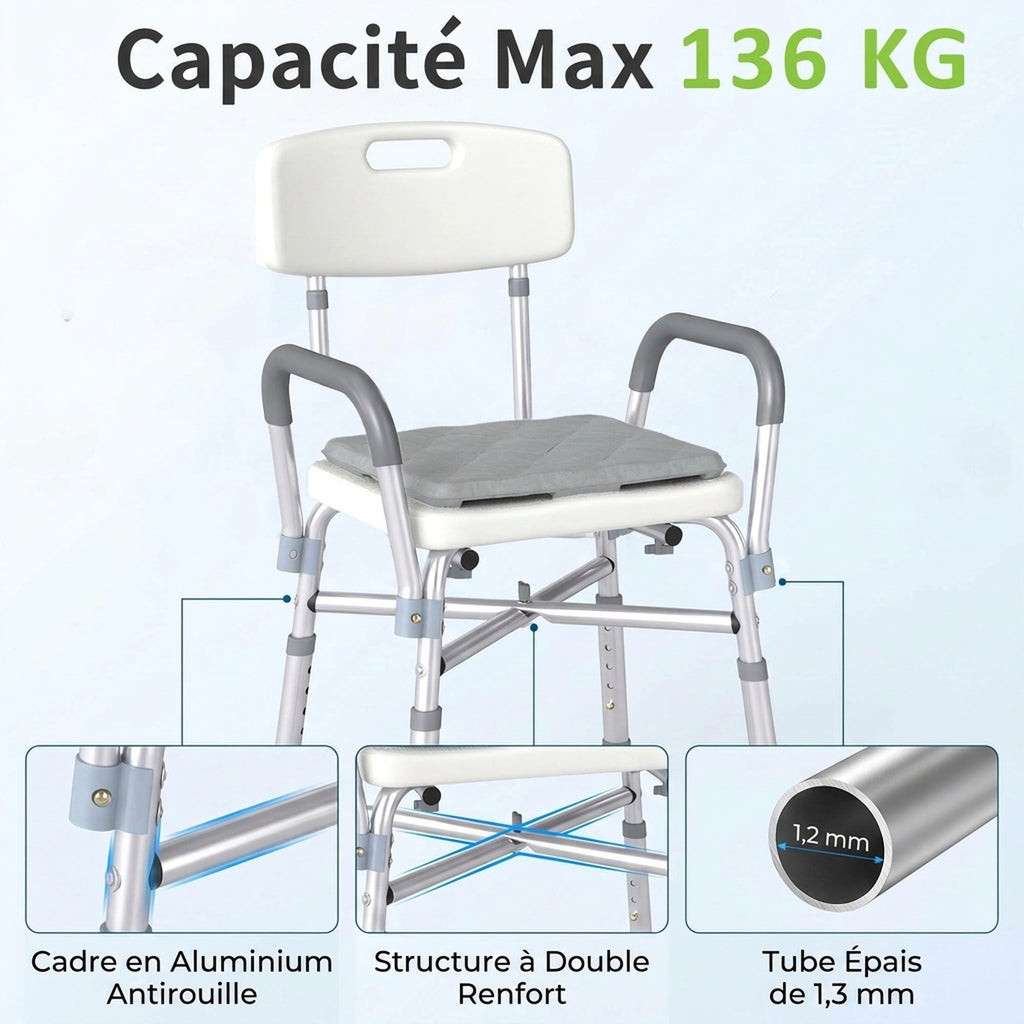 Tabouret de Douche Réglable en Hauteur à 5 Niveaux, Chaise de Douche, Accoudoirs Rembourrés et Coussin Amovible, Gris-3