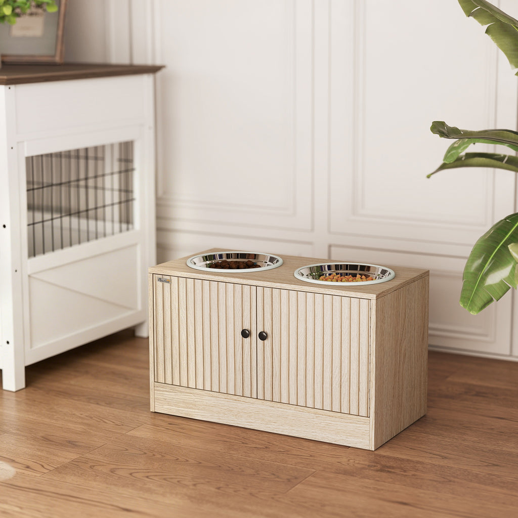 Gamelles pour chiens surélevées porte-gamelles avec rangement de 40L, 2 bols en acier inoxydable 60 x 30 x 35,5 cm chêne-1