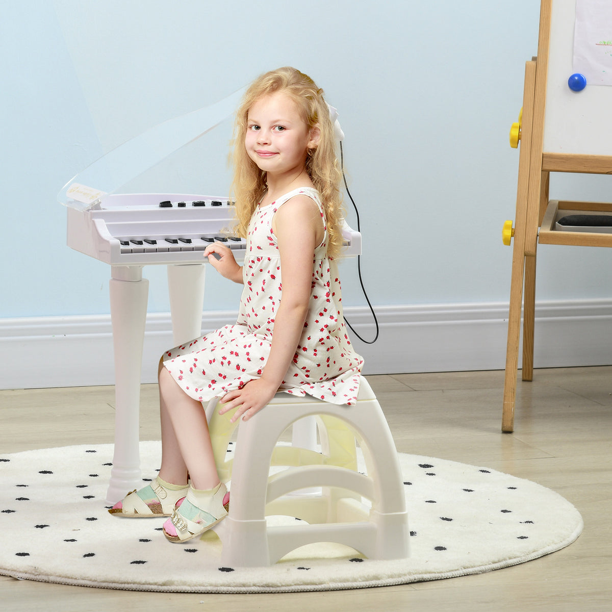 Piano enfant électronique 32 touches multifonctions avec micro haut parleur tabouret couvercle lumineux LED blanc-9