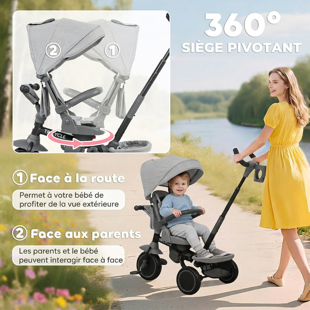 Tricycle bébé évolutif 6 en 1, tricycle enfant pliable avec poignée parentale réglable, siège pivotant 360°, gris-4