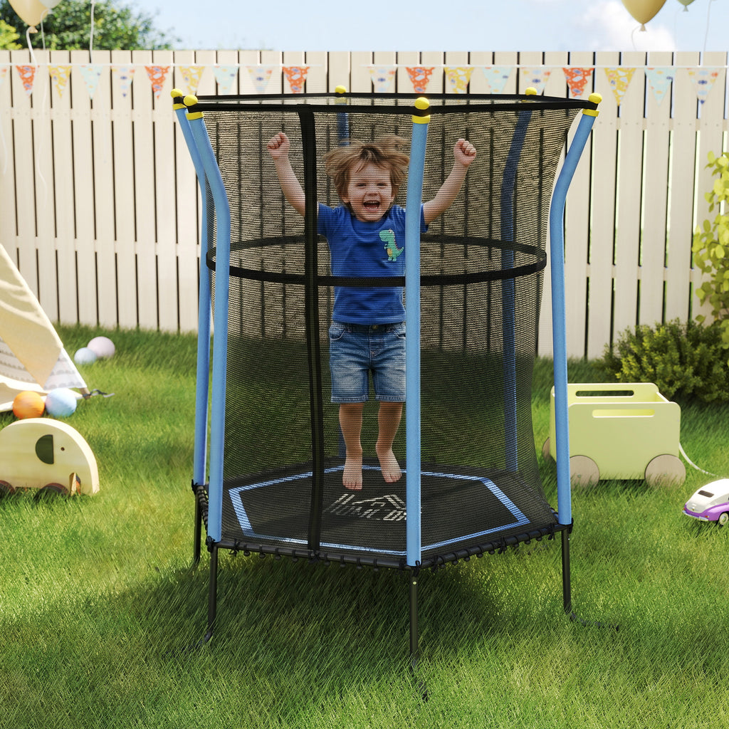 Trampoline pour enfant 1,22 x 1,11 x 1,9 m filet de sécurité porte zippée 6 poteaux rembourrés inclus bleu noir-1