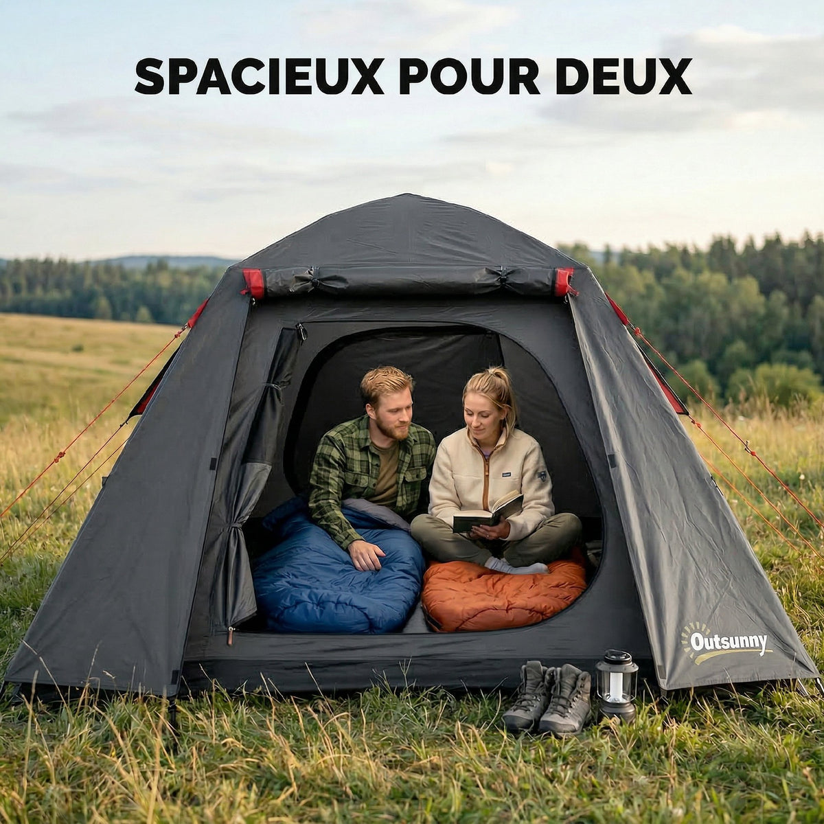 Tente de Camping Dôme 2 Personnes 3-4 Saisons Imperméable 3000mm Montage Facile 2 Portes 210x210x150cm Gris Foncé-3