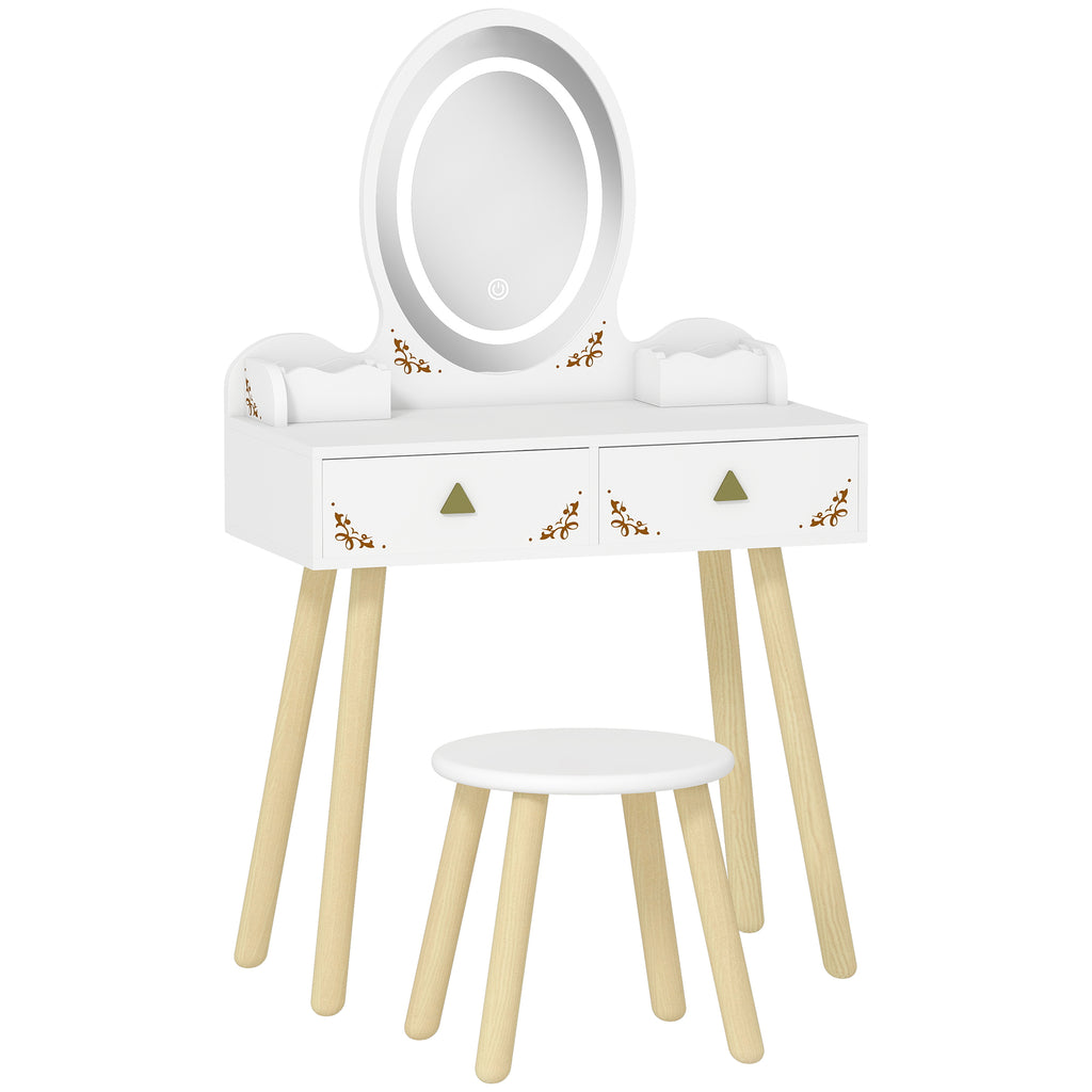 Coiffeuse pour enfant 2 en 1 bureau enfant fille avec miroir à LED 3 couleurs et tabouret 60x30x99,3 cm blanc-0